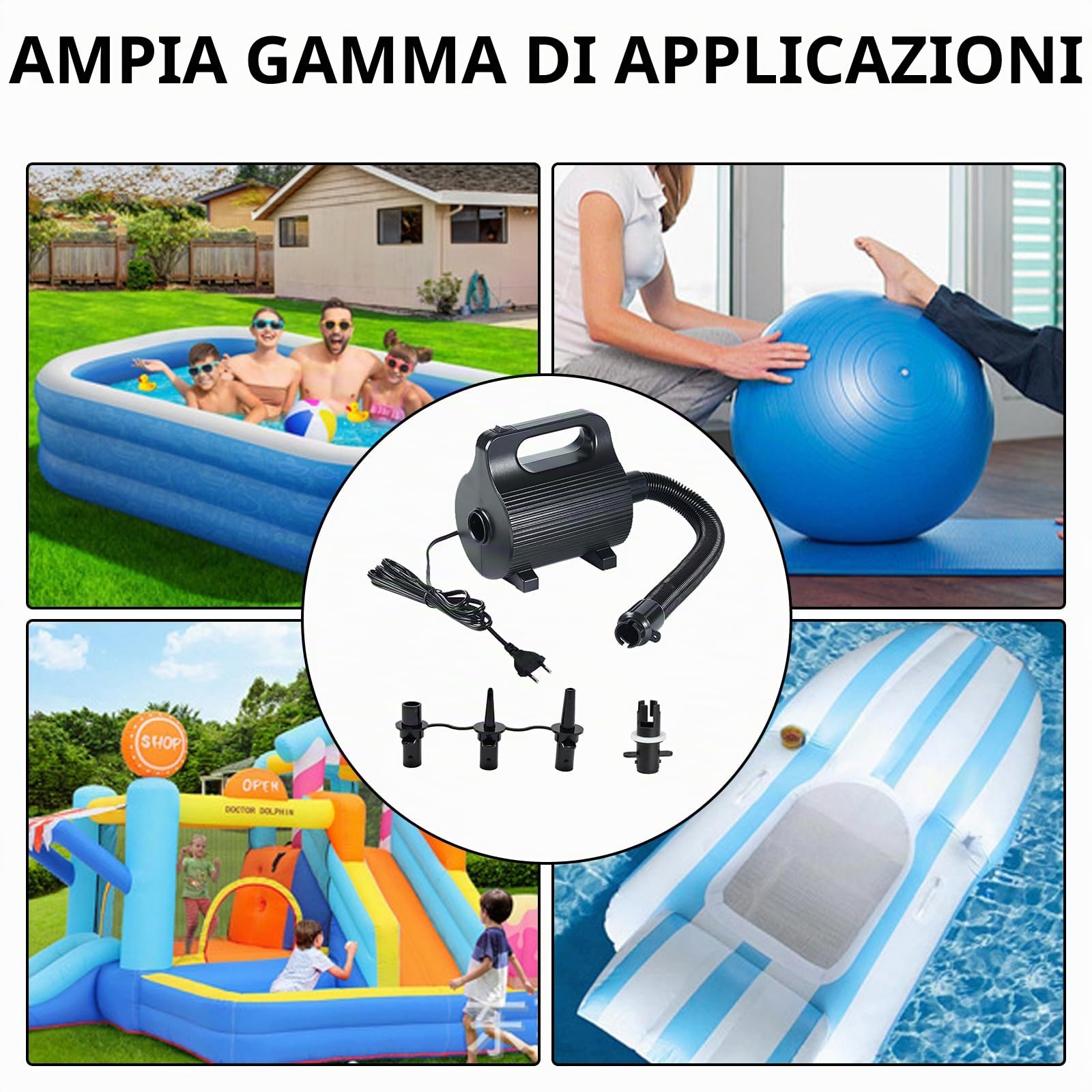 Pompa ad Aria Elettrica, Pompa Portatile a Riempimento Rapido con 4 Ugelli 600W CA 220-240V Pompa di Gonfiaggio e Sgonfiaggio per Materassini Gommoni e Cuscini da Piscina