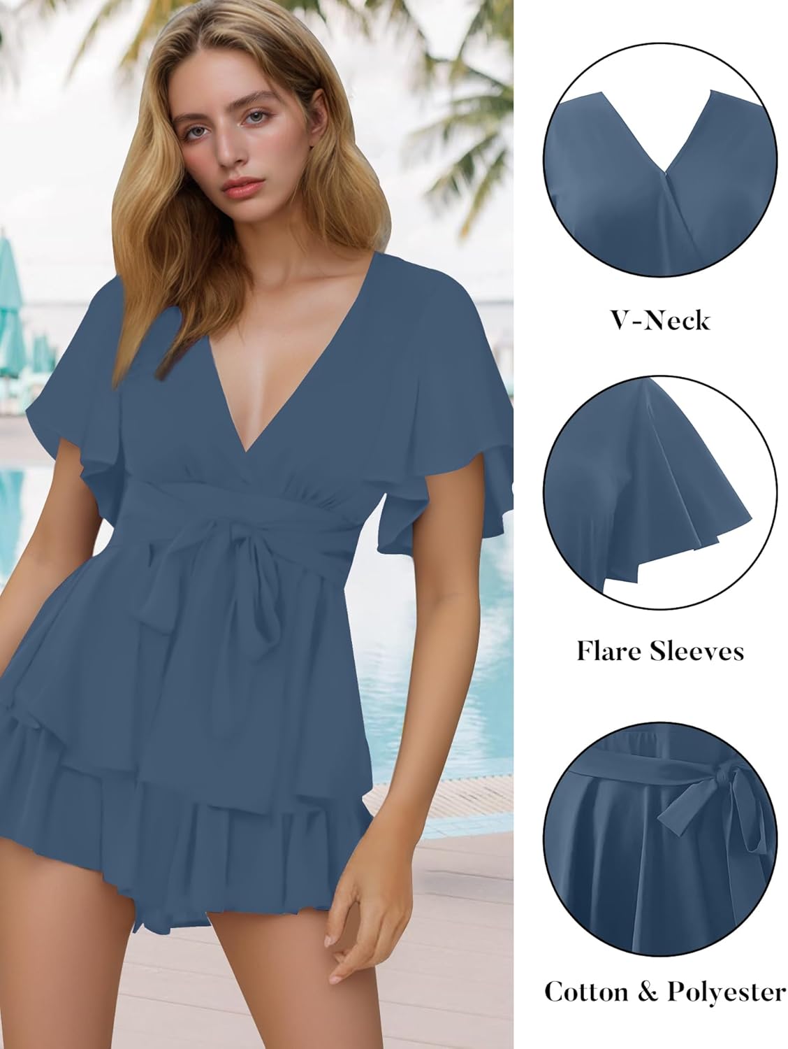 AIMCOO Women's Floral Print Deep V-Neck Romper Double Layer Ruffle Hem Jumpsuits Short Flare Sleeves Waist Tie Short Rompers - Image 3