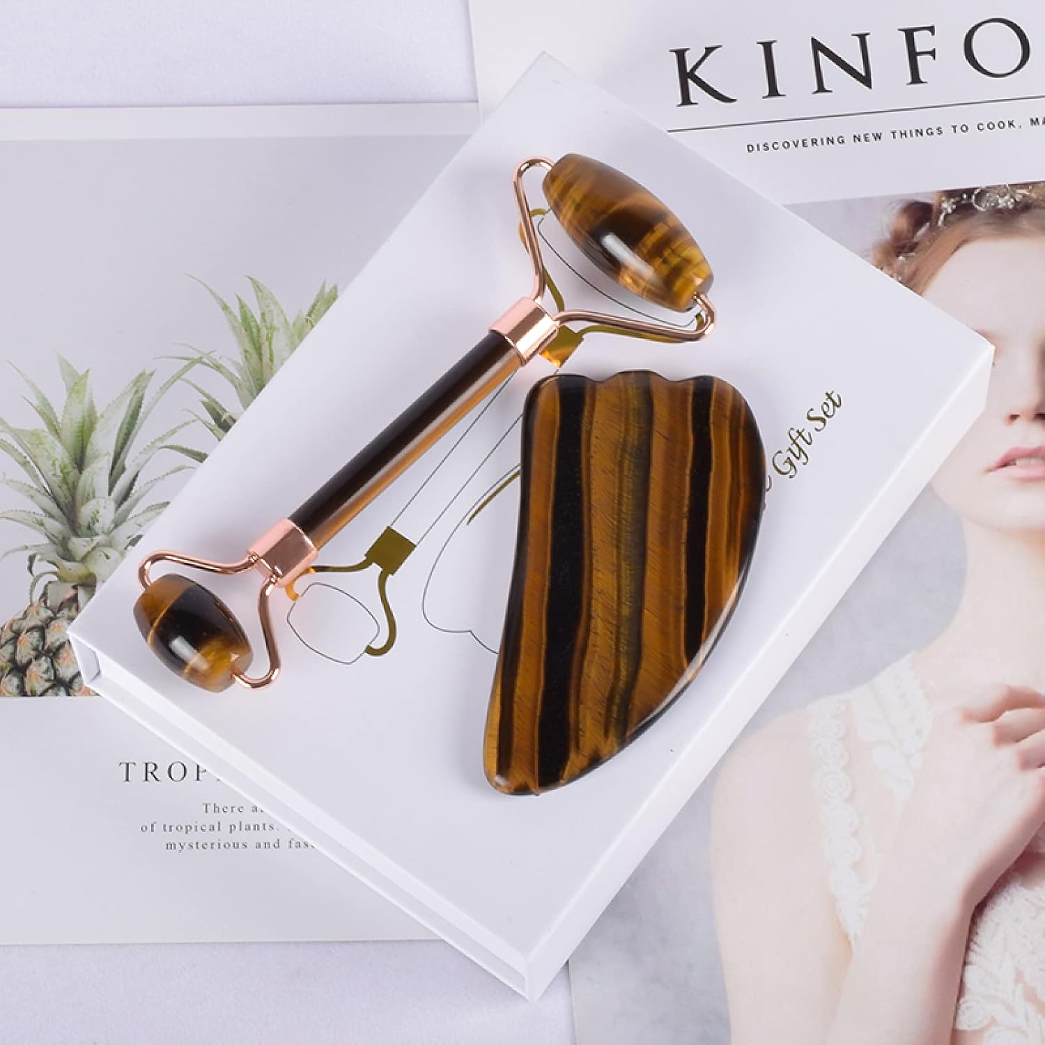Jade Roller & Gua Sha Tool Set Natural Tiger Eye Gemstone Massage Gift Box Scraping Beauty,2 Pcs Set