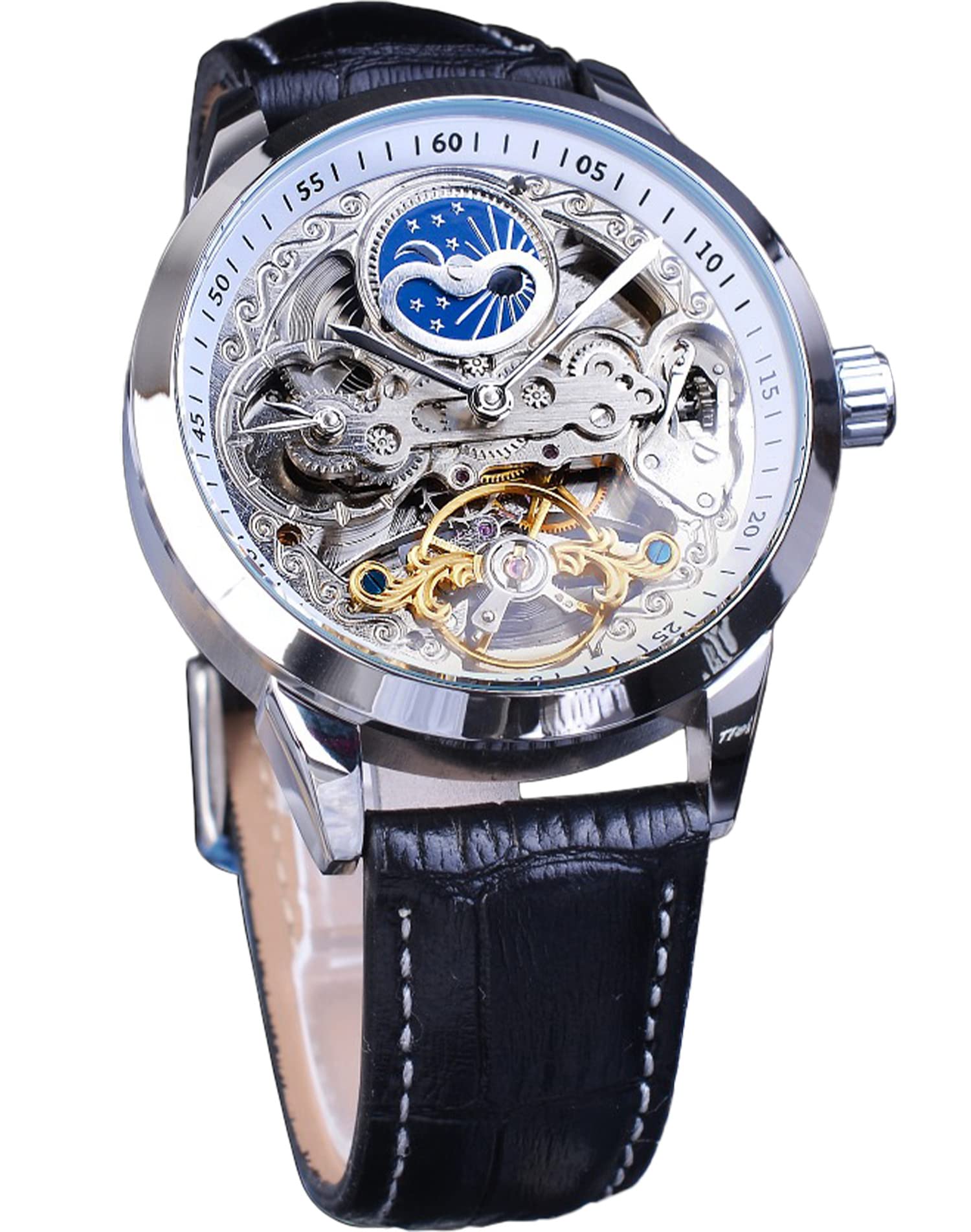 FORSINING Orologio da uomo scheletro fase lunare meccanico auto-vento Tourbillon doppio fuso orario orologi automatico cinturino in pelle di lusso grande quadrante orologio da polso, bianco