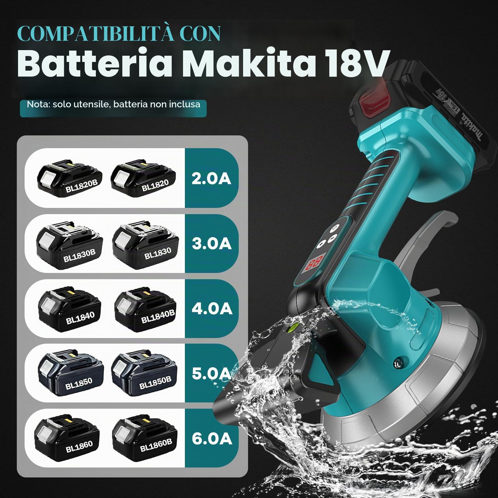 Batteria vibratore per piastrelle, compatibile con batteria Makita da 18 V, strumenti per piastrellista con 10 marce regolabili, ventosa da 14,5 cm e assorbimento da 200 kg per piastrelle da 30 a 240