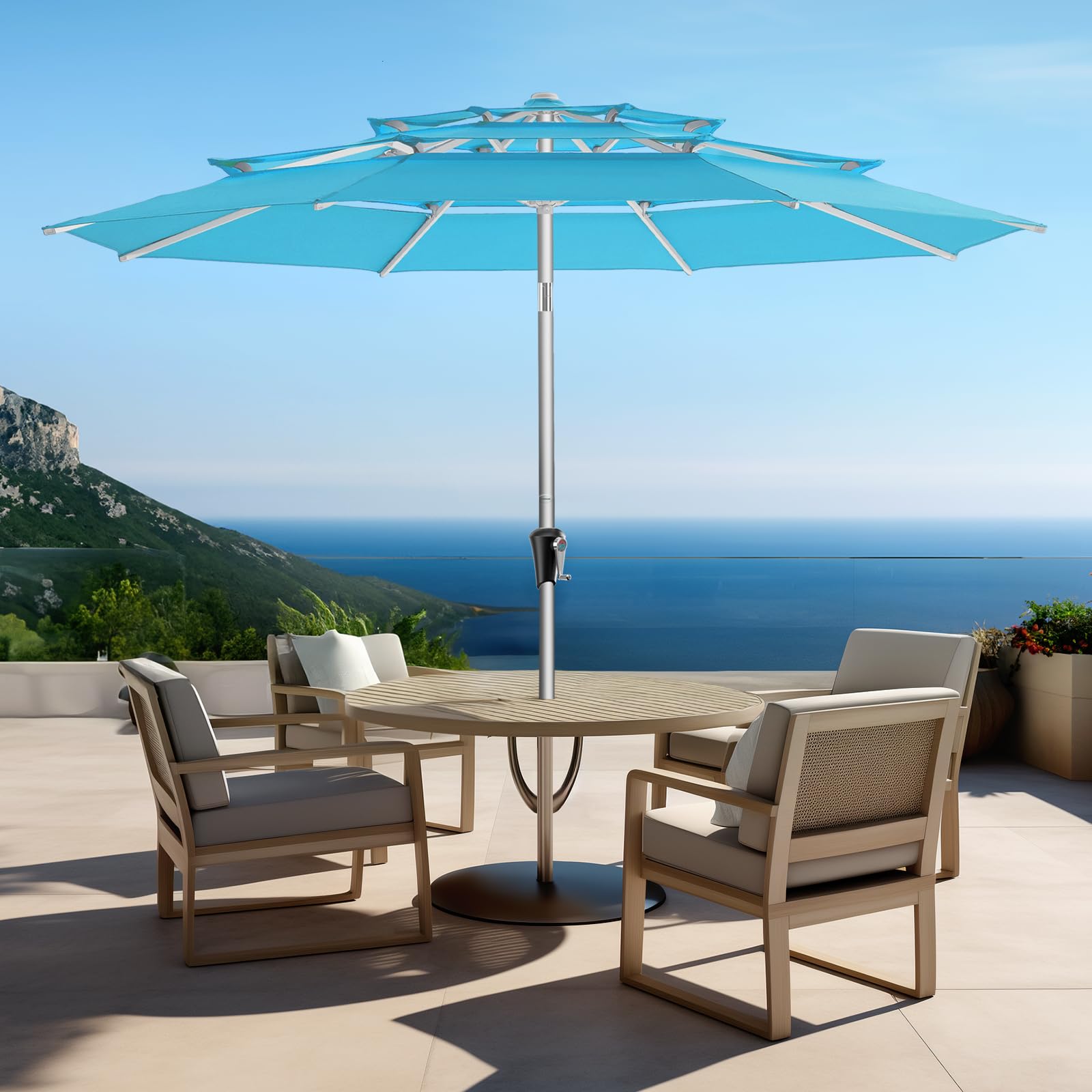 HOMSHADE 9ft Aluminum Patio Umbrella - 3 Tiers Vented Outdoor Commercial Market Table Umbrella, Heavy Duty Wind Proof Deck Pool Umbrellas UPF50+ UV Protection 5-Year Fade Resistant (Light Blue)