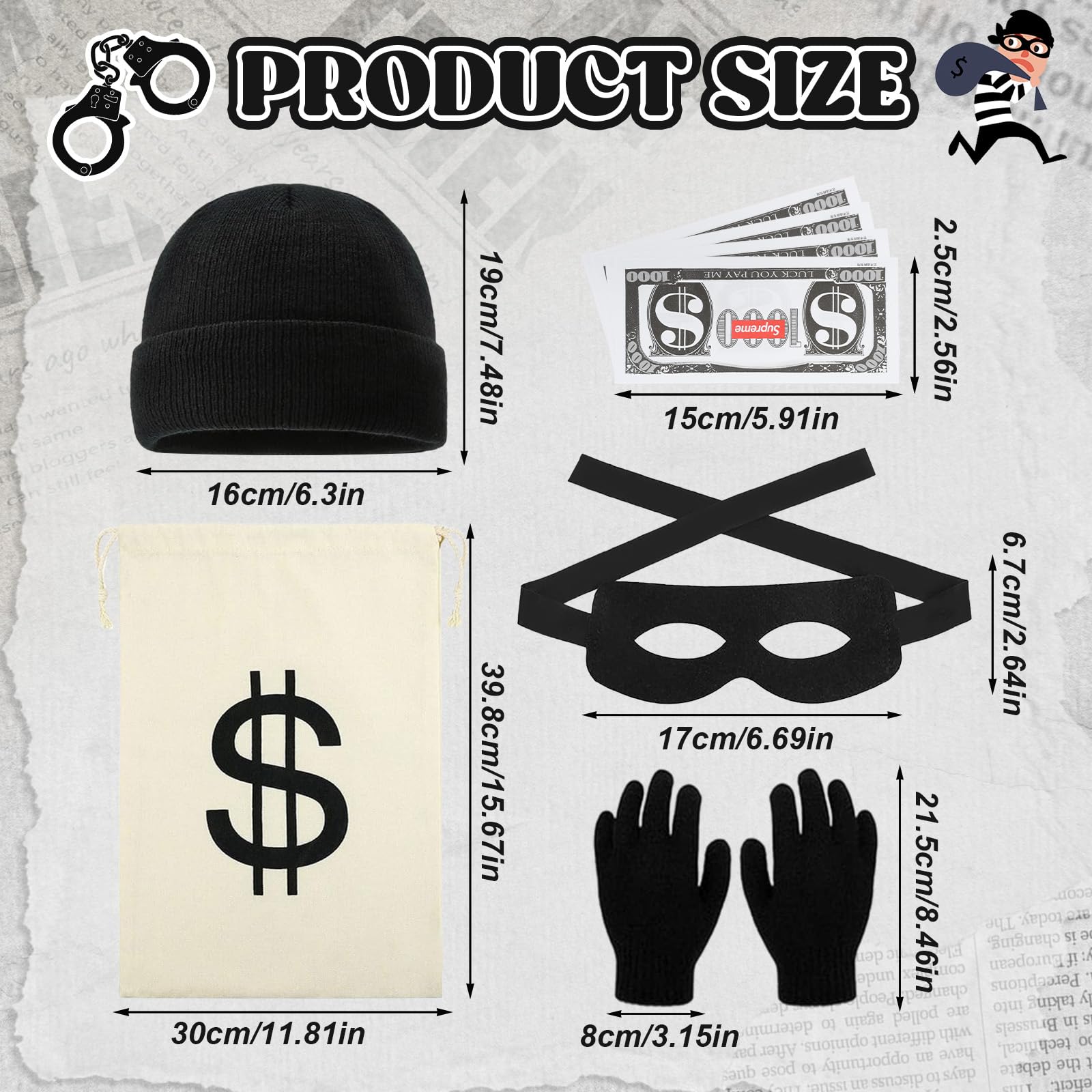 Dazzroi 6pcs Burglar Costume Set for Adults Robber Fancy Dress with Black and White Striped T-Shirt Beanie Hat Eye Mask Gloves Money Bag Banknote for World Book Day Halloween Cosplay Theme Parties - Image 3
