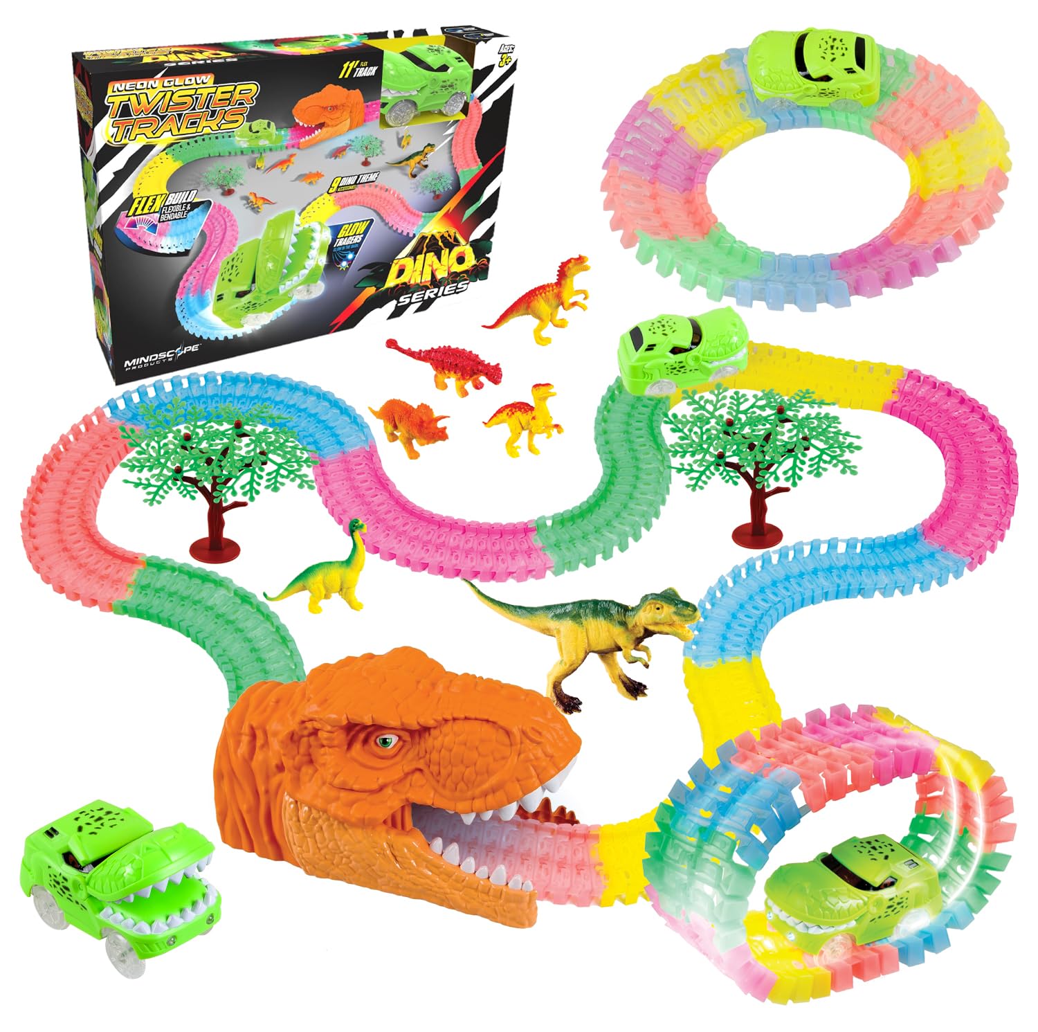 Mindscope NEON Glow Twister Tracks Dino Series 11 Feet of Neon Glow in the Dark Track Set with Dinosaur Accessories