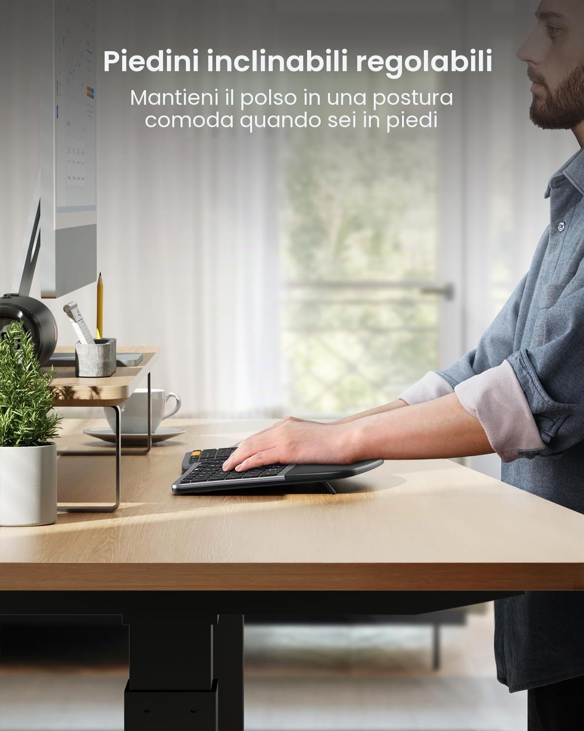 ProtoArc EKM01 Plus Tastiera Ergonomica Mouse Wireless Bluetooth Ergo Keyboard Mouse Combo, Imbottito Palm Rest, Split Design, Ricaricabile, Compatibile per Windows, Mac OS, Grigio e Nero