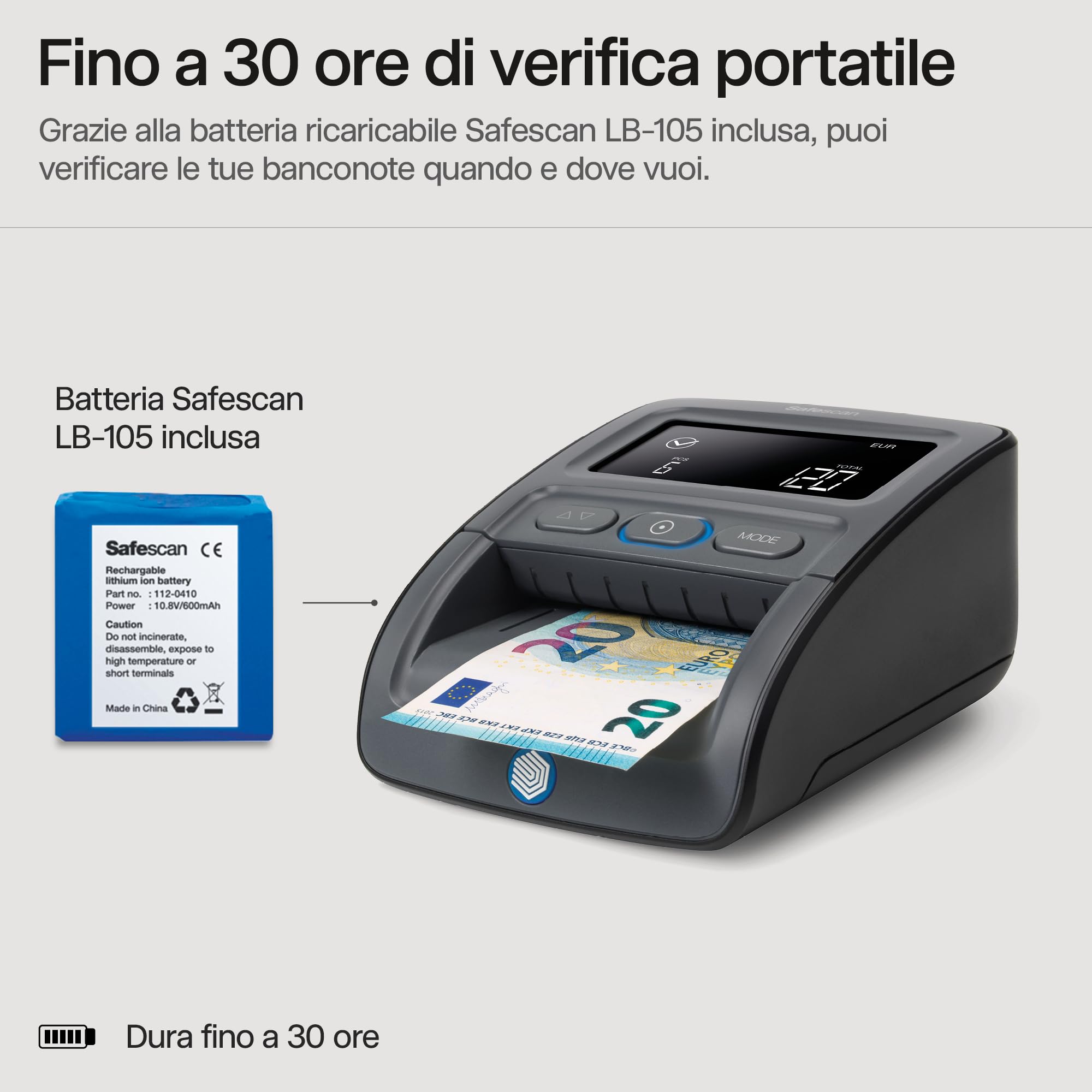 Safescan 155-S Verifica banconote portatile completo che verifica le banconote - Verificatore del falso a 7 punti - Accurato Verifica banconote al 100% con batteria e impilatore banconote inclusi