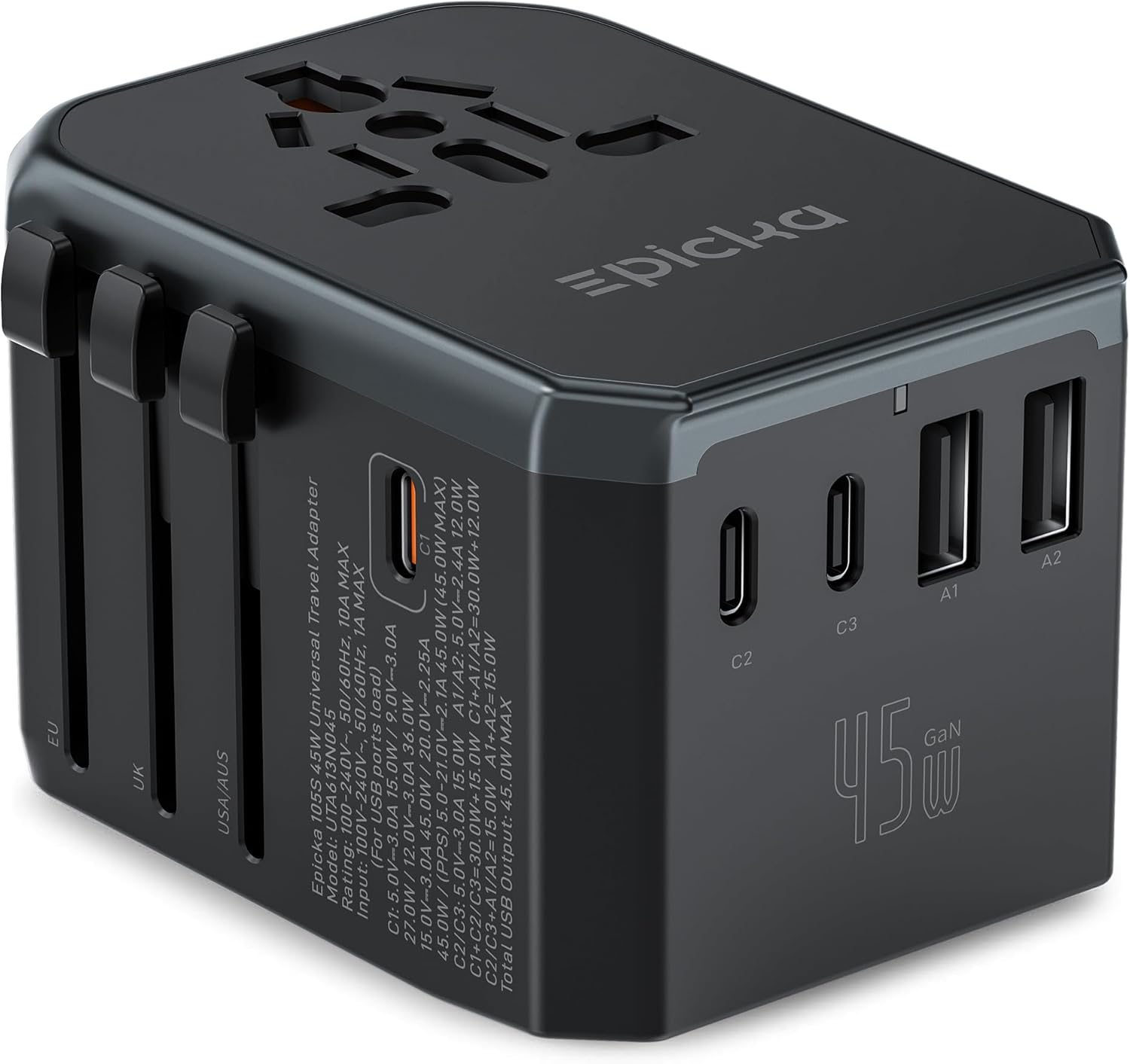 EPICKA GaN 45W Universal Travel Adapter, European Travel Plug Adapter with PD&QC Fast Charging(2 USB-A & 3 USB-C Ports) - Worldwide Travel Essentials, International Power Adapter for UK/US/AU (Black)