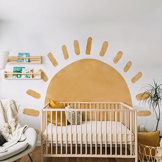 Large Fabric Watercolor Boho Half Sun Wall Decals Peel and Stick, Pastel Sunrise Mural Stickers, Sunshine Wall Arch Art Decor for Kids Baby Room Playroom Nursery Bedroom, 94.49" x 70.87"