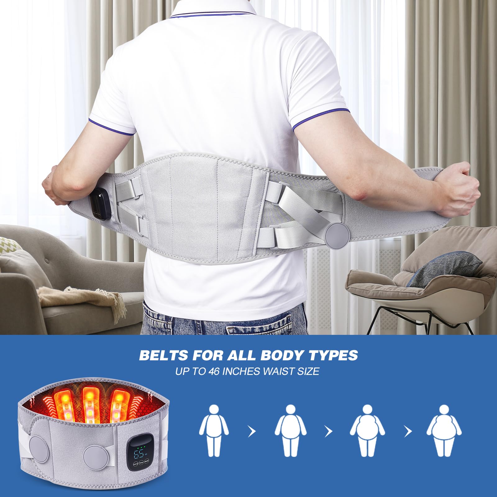 Clemas Coussin Chauffant Sans Fil avec Massager, Chauffe-Dos Portable, Massager Lombaire avec 3 Niveaux de Chauffage, Ceinture Chauffante