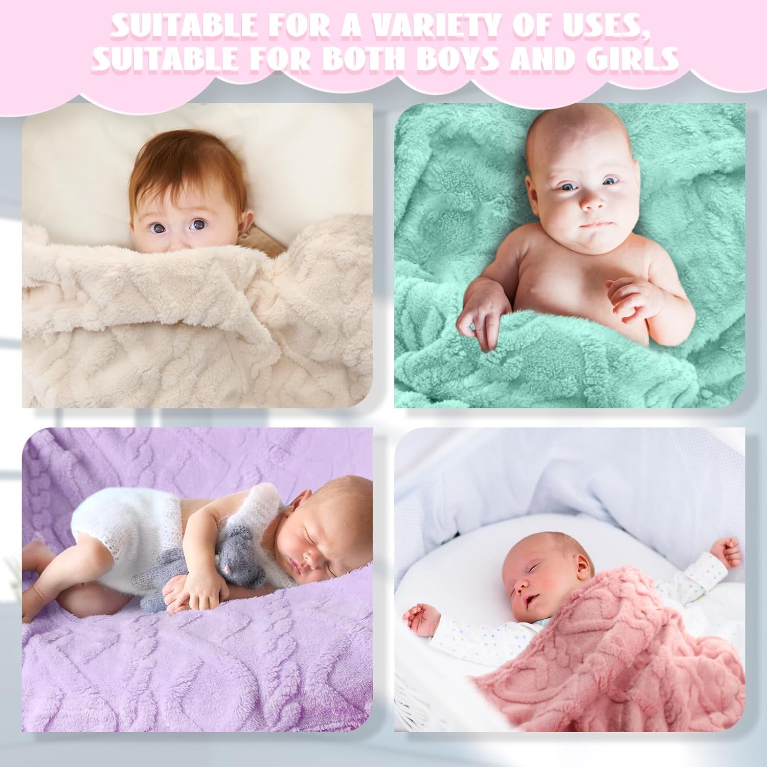 VitalCozy 4 Pcs Soft Fleece Baby Blankets Set 30" x 40" 3D Plush Warm Nursery Swaddling Bed Blanket Little Boys Girls Infant Toddlers and Newborn Receiving Gifts Blankets(Light Color) - Image 6