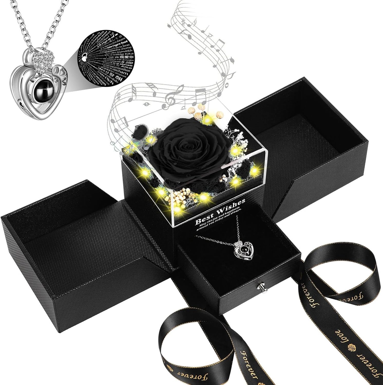 Gifts for Her - Preserved Real Rose with Necklace I Love You in 100 Languages, Music & Light Eternal Rose Gifts for Women, Grandma, Wife, Girlfriend on Birthday, Anniversary, Valentines Day