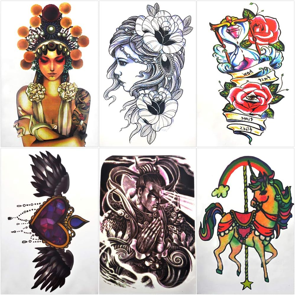 Temporary Tattoos for Adult Men Women Kids(6 Sheets), Waterproof Temporary Tattoo Fake Tattoos Body Art Sticker Cover Up Set (Flower Heart Men Women Unicorn)