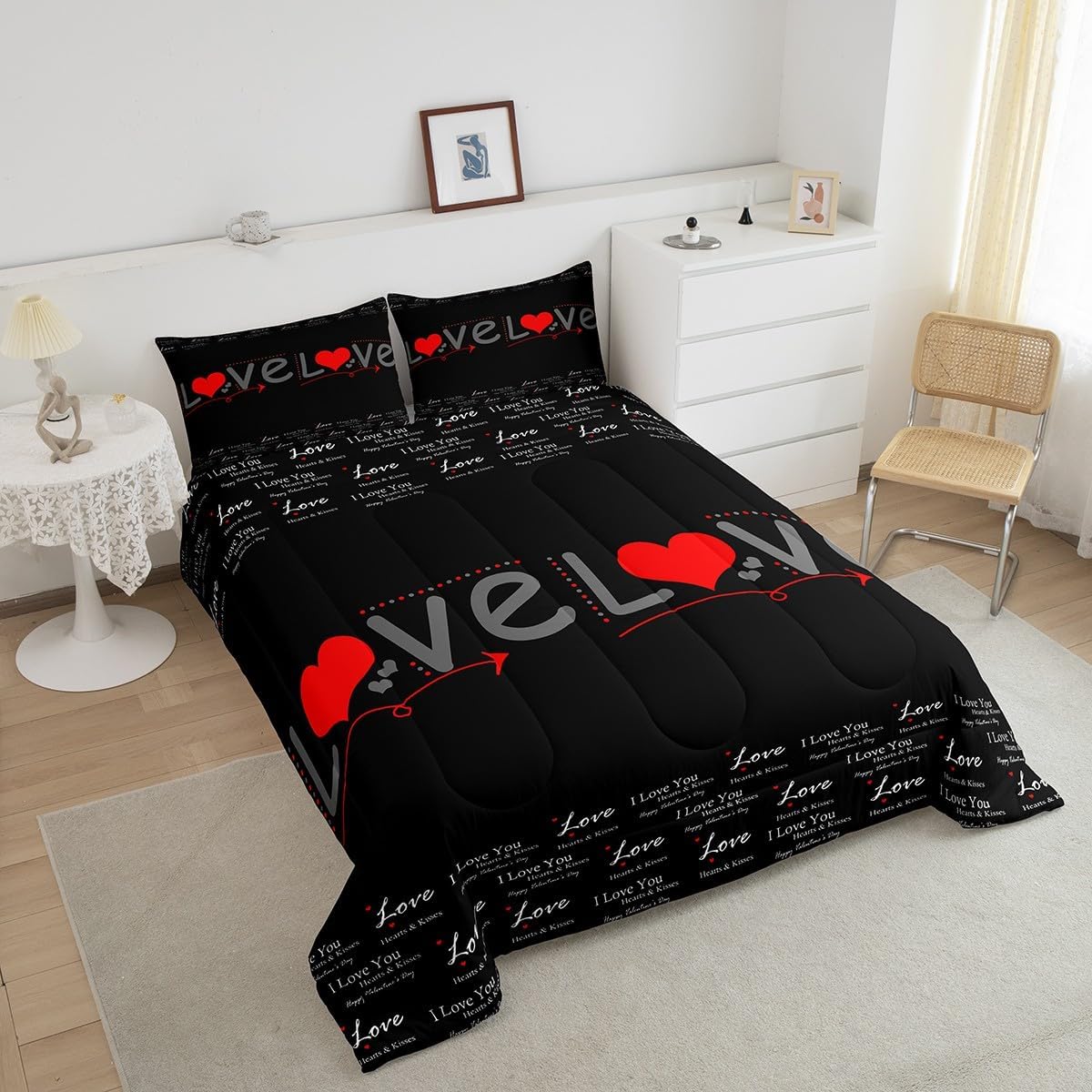 Erosebridal Love Comforter Set Red Loving Hearts Down Comforter,Romantic Valentine's Day Queen Bedding Sets I Love You Gifts for Him,Couple Gifts for Him and Her