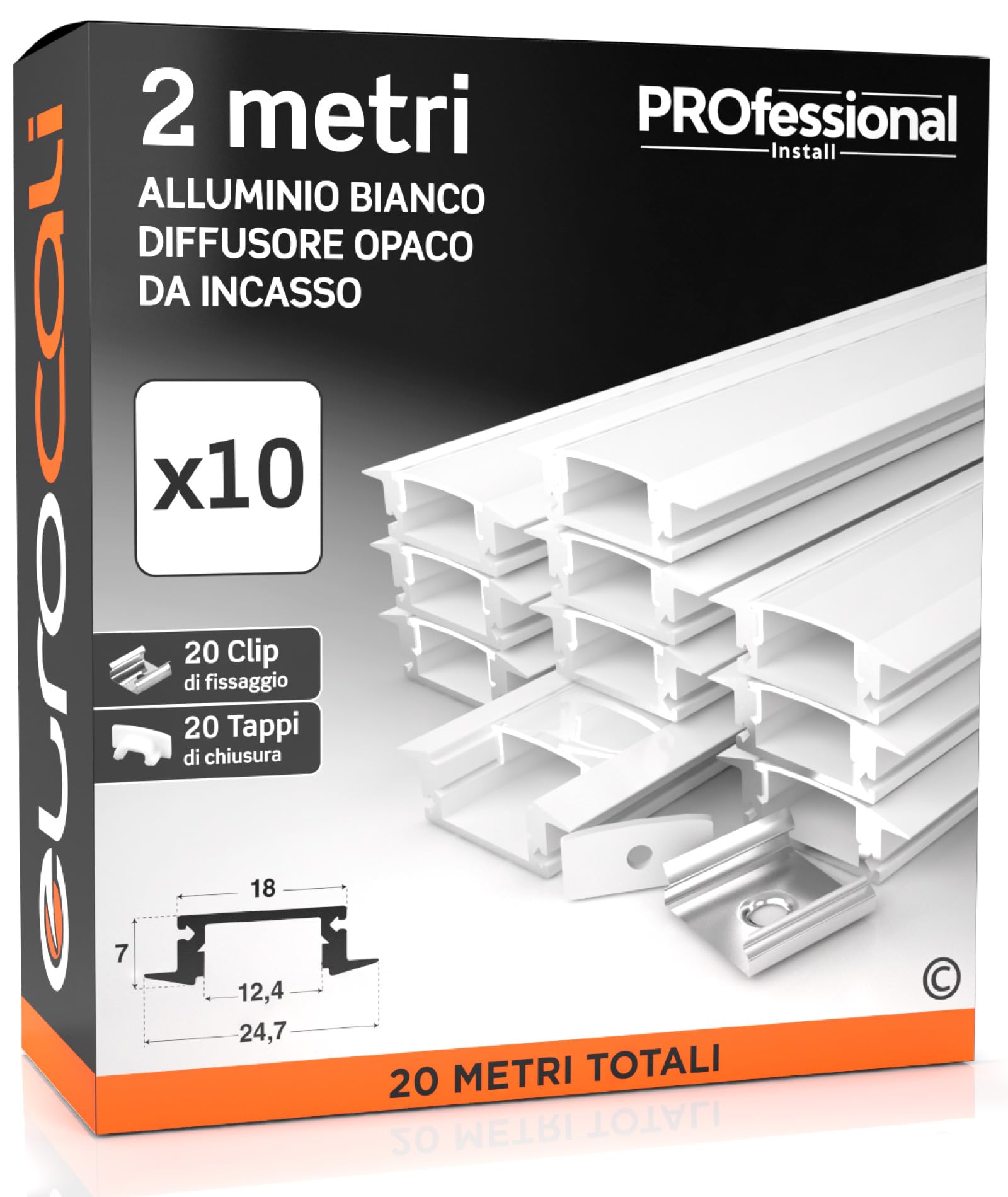 Eurocali 10x Profili da 2 metri (20mt) in Alluminio Bianco per Strisce LED Schermatura Opaca ingombro max striscia led 12.4mm - 24.7 x 7
