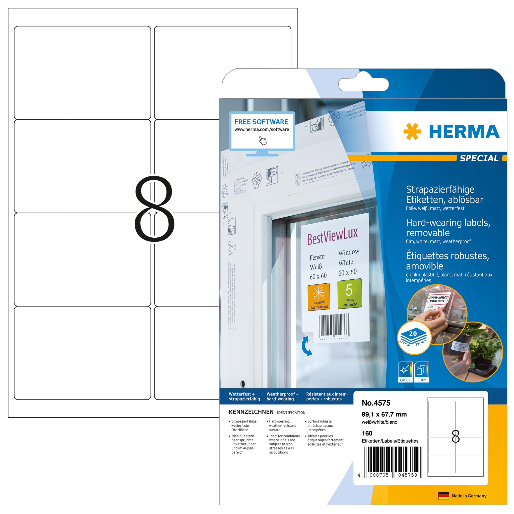 HERMA Self Adhesive Removable Weatherproof Foil Labels, 8 Labels Per A4 Sheet, 160 Labels For Laser Printers, 99.1 x 67.7 mm (4575), White