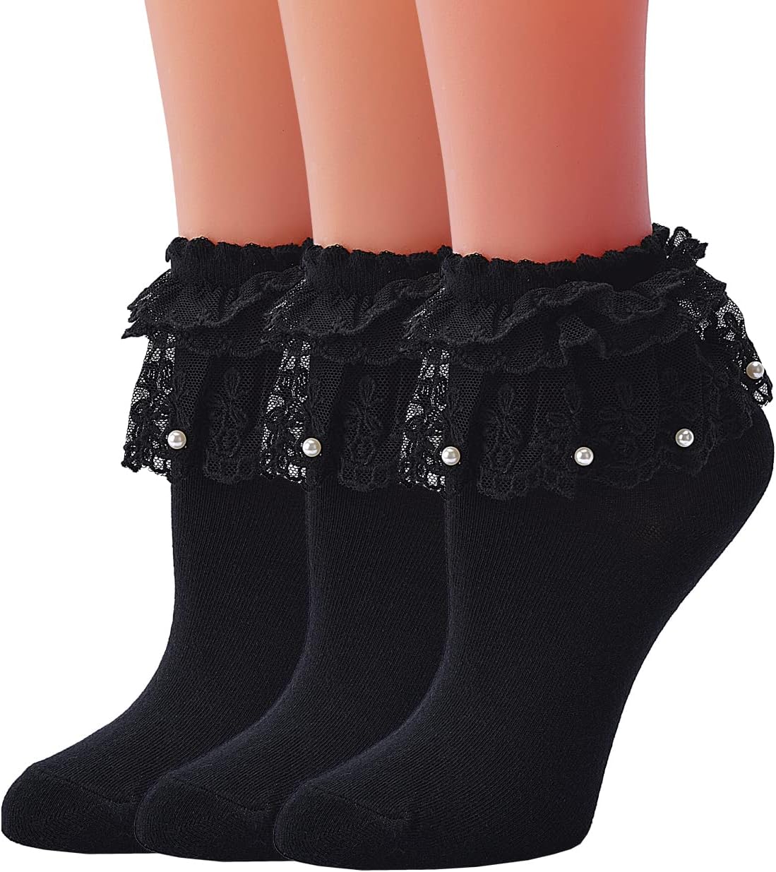 Womens Ruffle Socks with Pearls, Cute Frilly Princess Girl Lace Ankle Socks