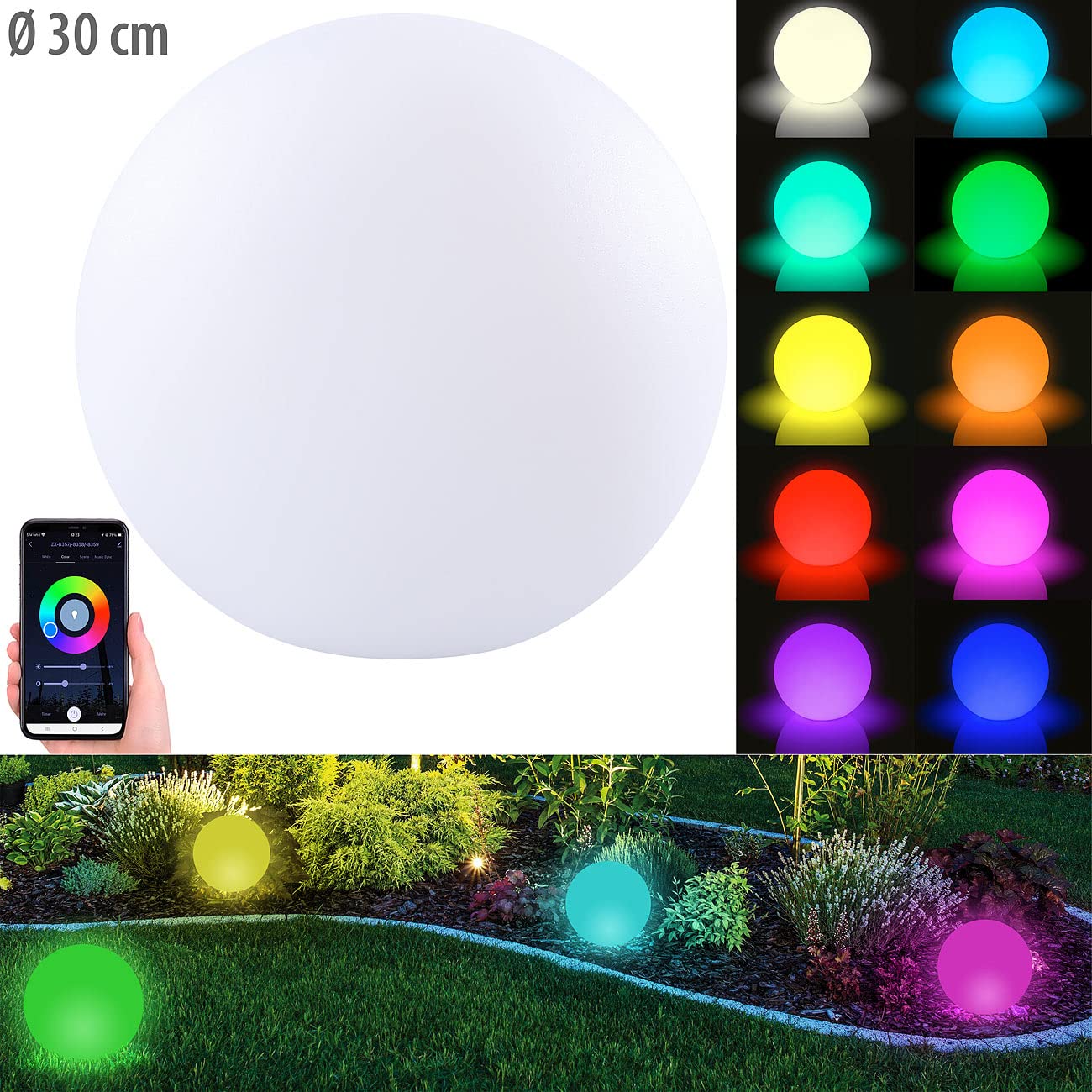 Luminea Home Control Leuchtkugeln: WLAN-Akku-Leuchtkugel mit RGBW-LEDs und App, 576 lm, IP54, Ø 30 cm (Gartenleuchte Kugel, WLAN-Akku-Leuchtkugeln RGBW, LED Tischleuchte Batterie)