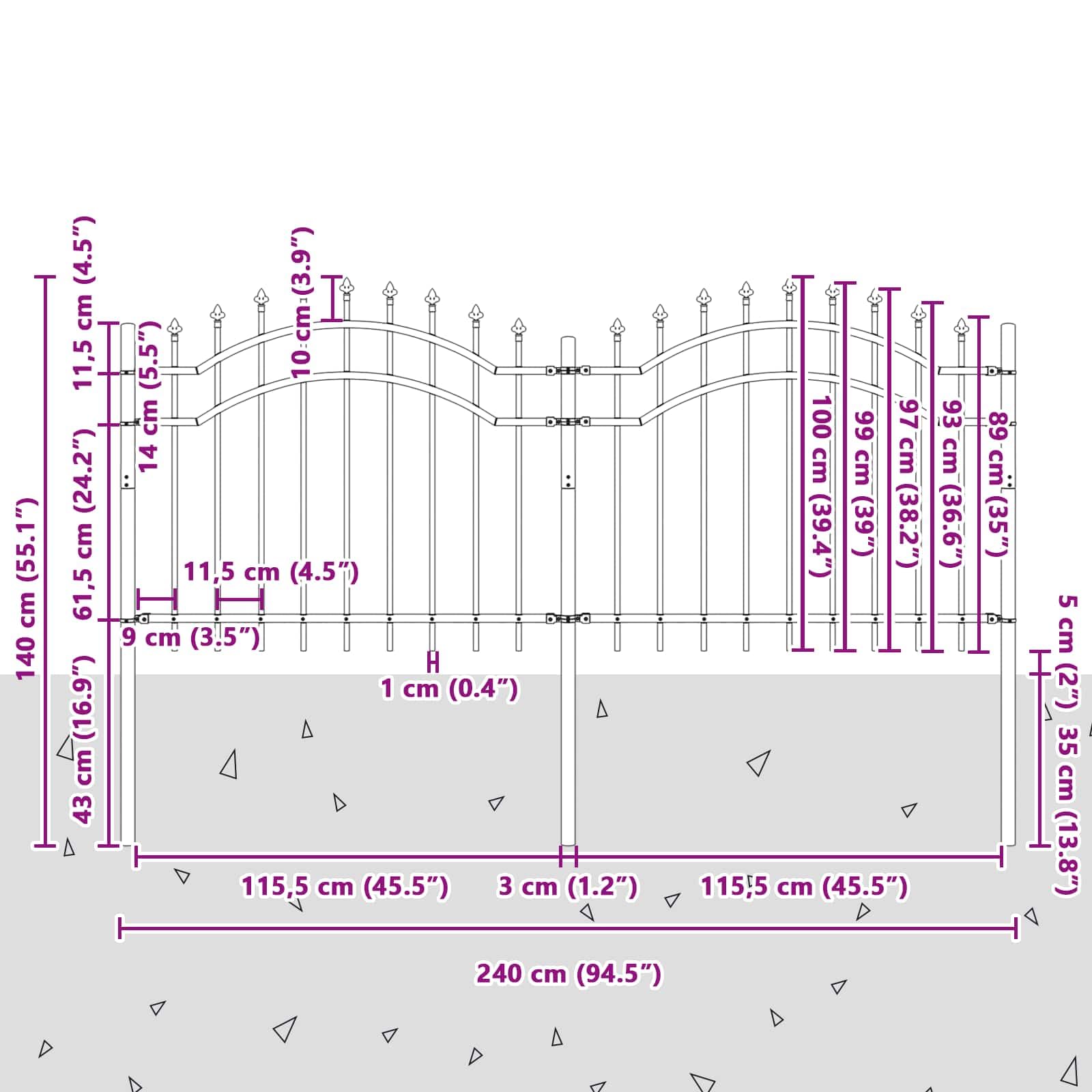 Cerca de jardín con punta de lanza de acero, valla robusta con diseño curvado como valla de jardín duradera con espaciadores horizontales para jardín y casa, valla de metal recubierta por