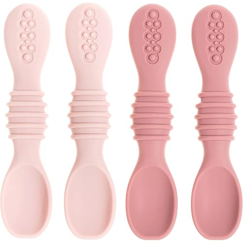 Silicone Baby Spoons for Baby Led Weaning 4-Pack, First Stage Baby Feeding Spoon Set Gum Friendly BPA Lead Phthalate and Plastic Free, Pink