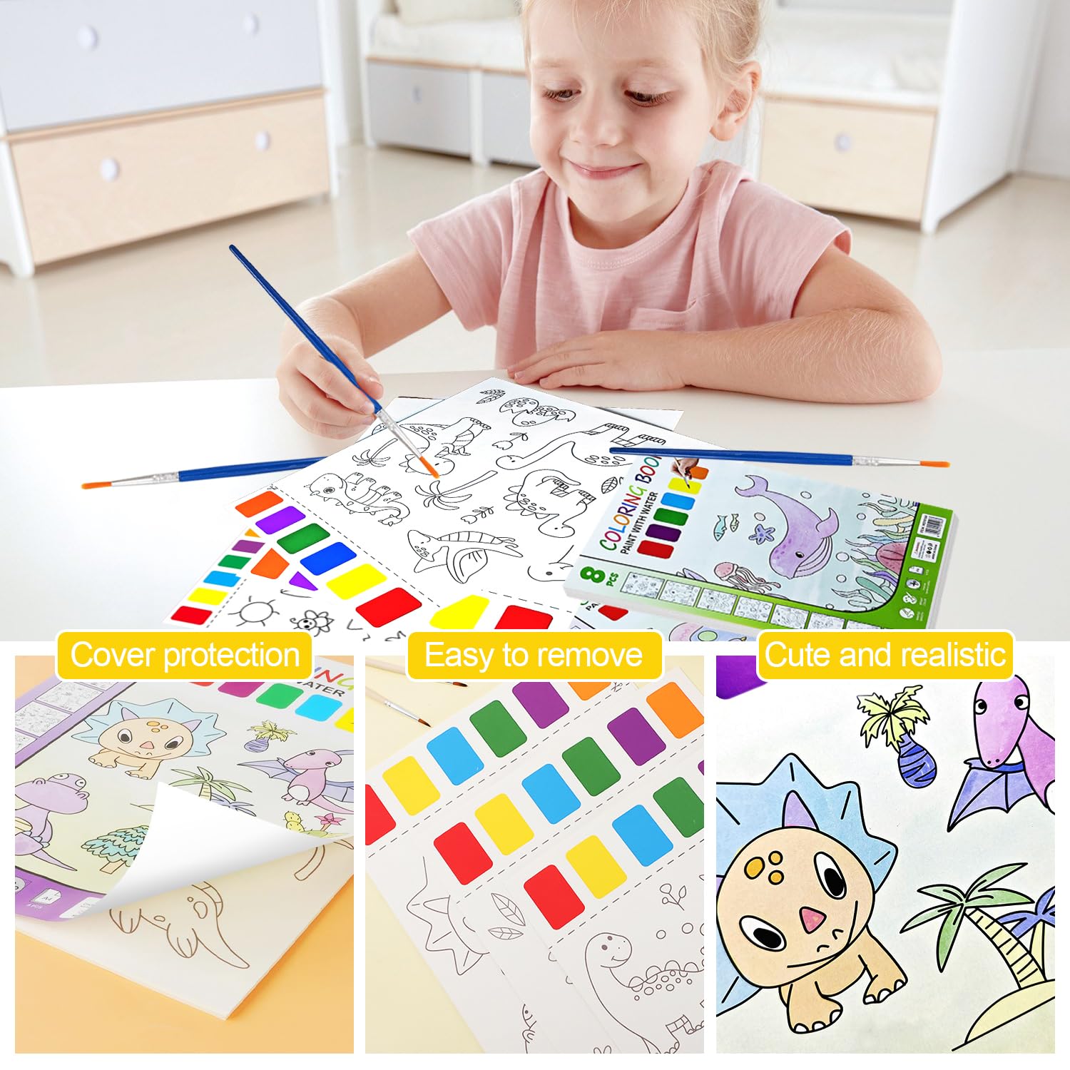 Theiuaoqwe – Livre Aquarelle Enfant 24 Pages, 3 Thèmes (Animaux, Dinosaures, Océan) Avec Pinceaux – Dès 3 Ans