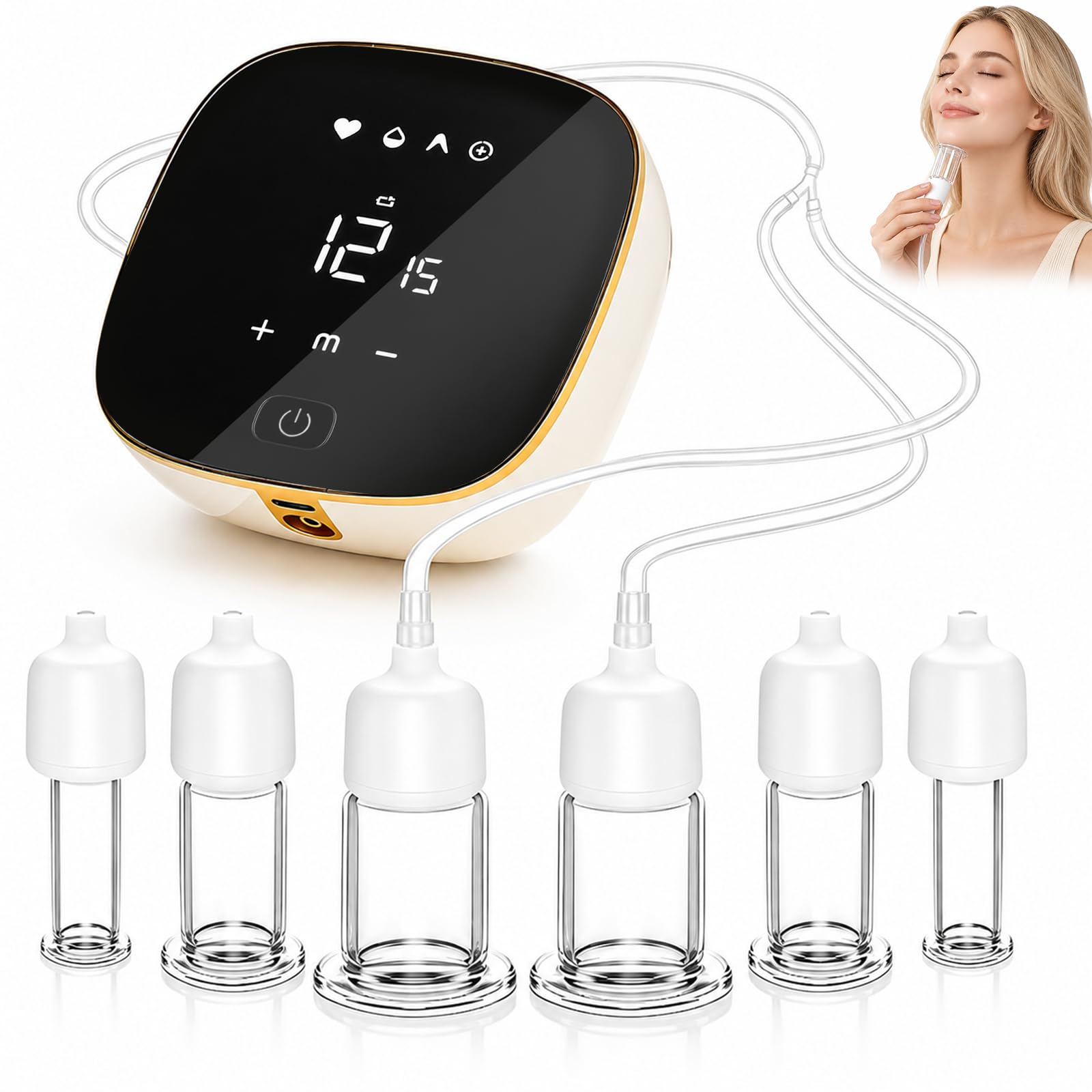 3-in-1 Schröpfgerät Gesicht Elektrisches mit 6 Schröpfgläsern, Gua Sha Vakuum Cupping Gesichtsmassagegerät, 4 Modi 12 Saugstufen, Sicherheitstaste, strafft Gesichtskonturen fördert die Serumabsorption