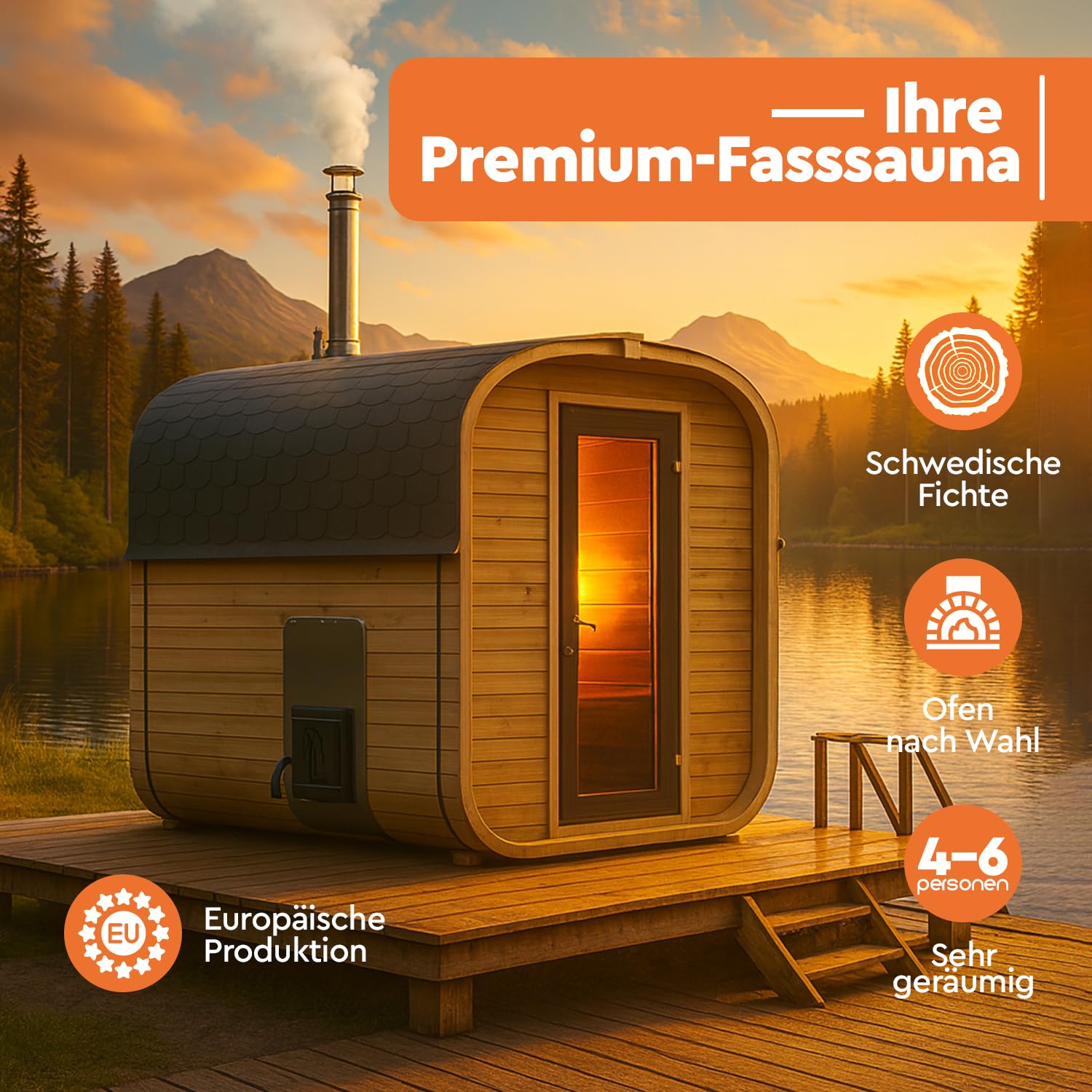 Fasssauna de jardín al aire libre de abeto nórdico – Varias tallas (2–6 personas) – Con estufa de leña o eléctrica a elección – Incluye set de accesorios (180 cm, cuadrada, estufa de leña)
