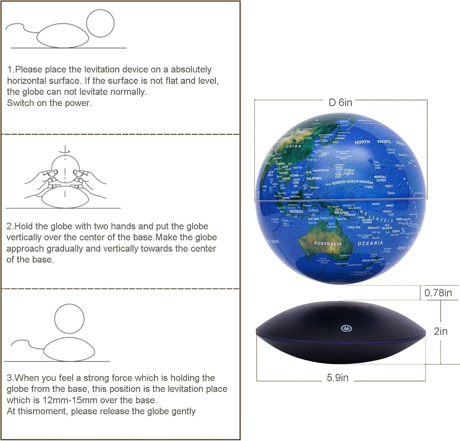 WUPYI 6" Magnetic Levitation Floating Globe Anti Gravity Rotating World Map with LED Light 7 Colors Display Floating Globe for Children Educational Gift Home Office Desk Decor (Style 2)