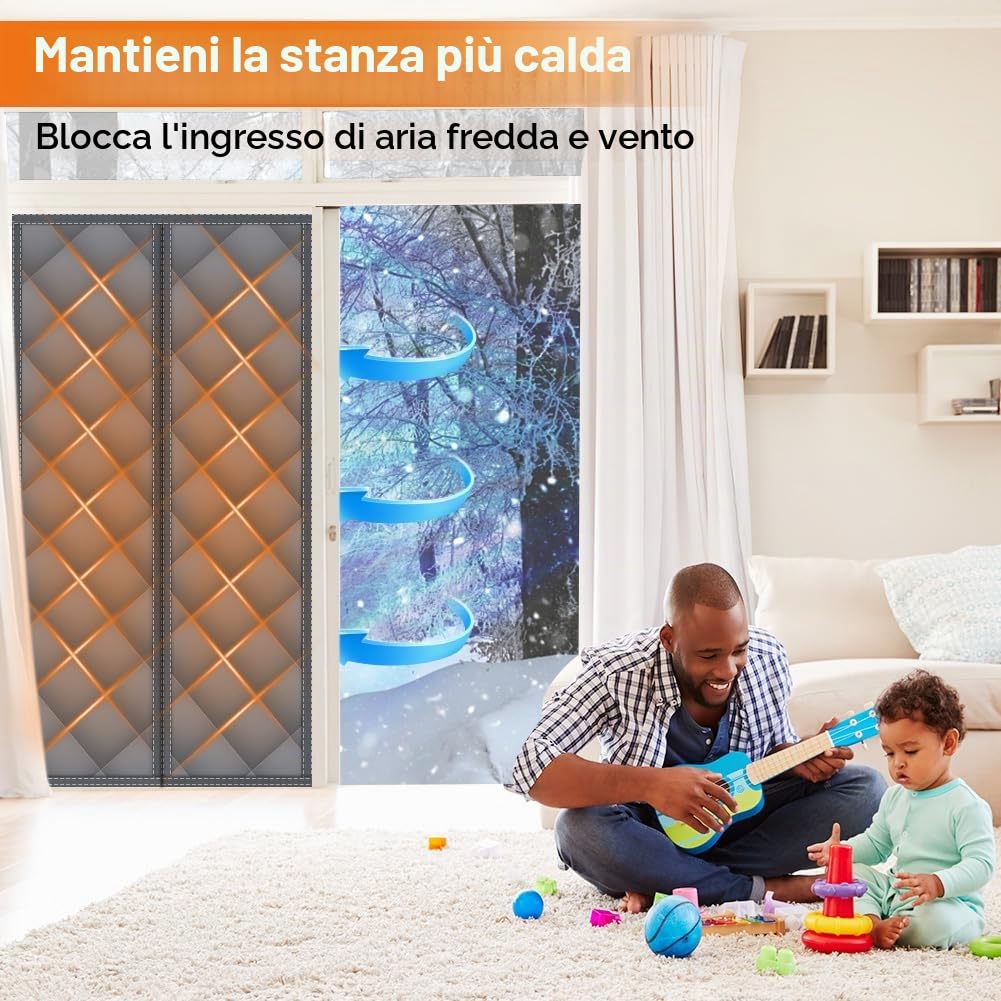 flintronic Tenda per Porta Inverno Termica, 140 * 240CM Tenda Termica Isolante Freddo, Resistenza al vento, Chiusura Automatica a Calamite per Balcone Soggiorno Cantina