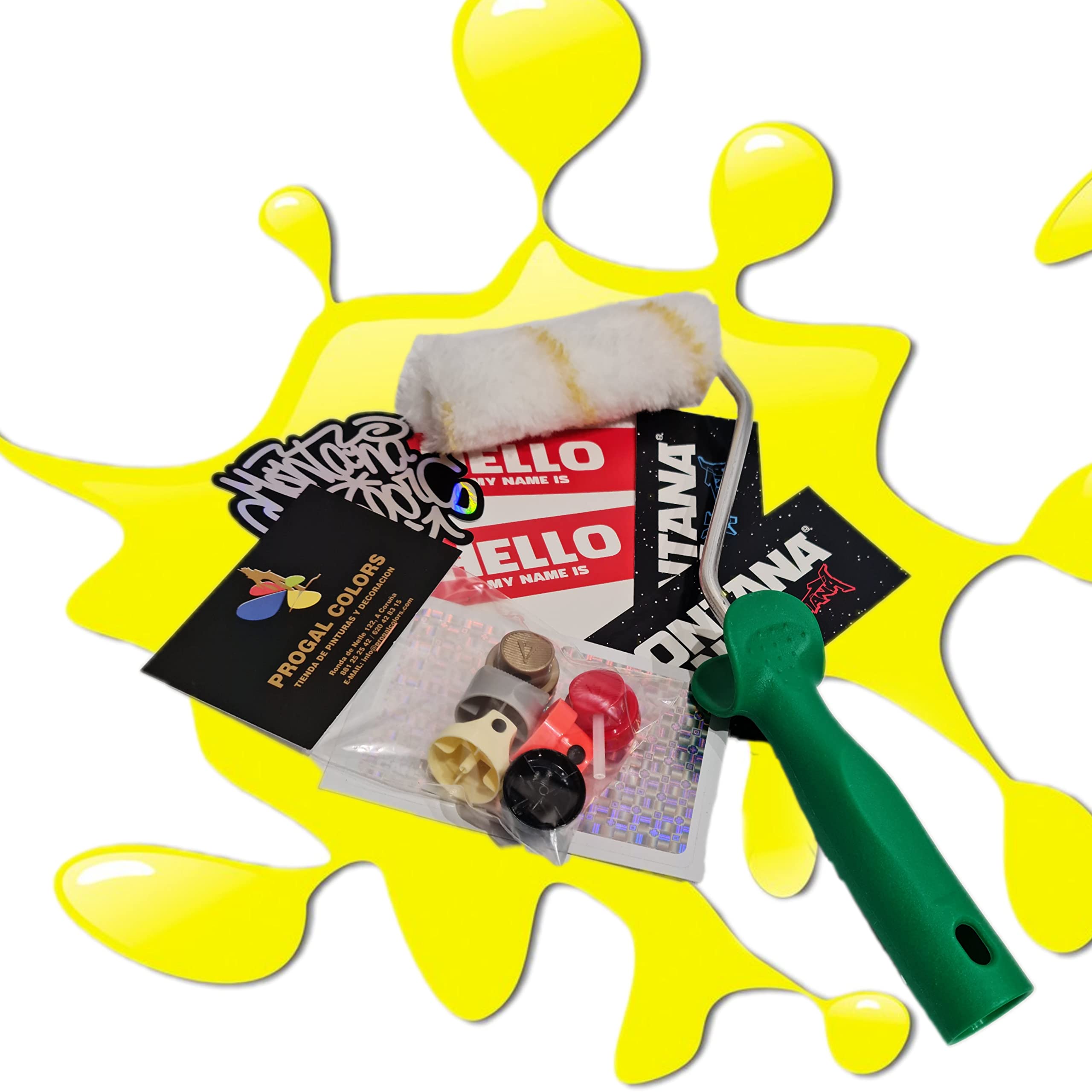 PROGAL COLORS NBQ GRAFFITI Matte Spraypaint-Set (6 x 400 ml + 0,75 l + 6 x Düsen + Rolle 11 cm + Aufkleber Montana Cans) Spraybombe zur Auswahl der Farben