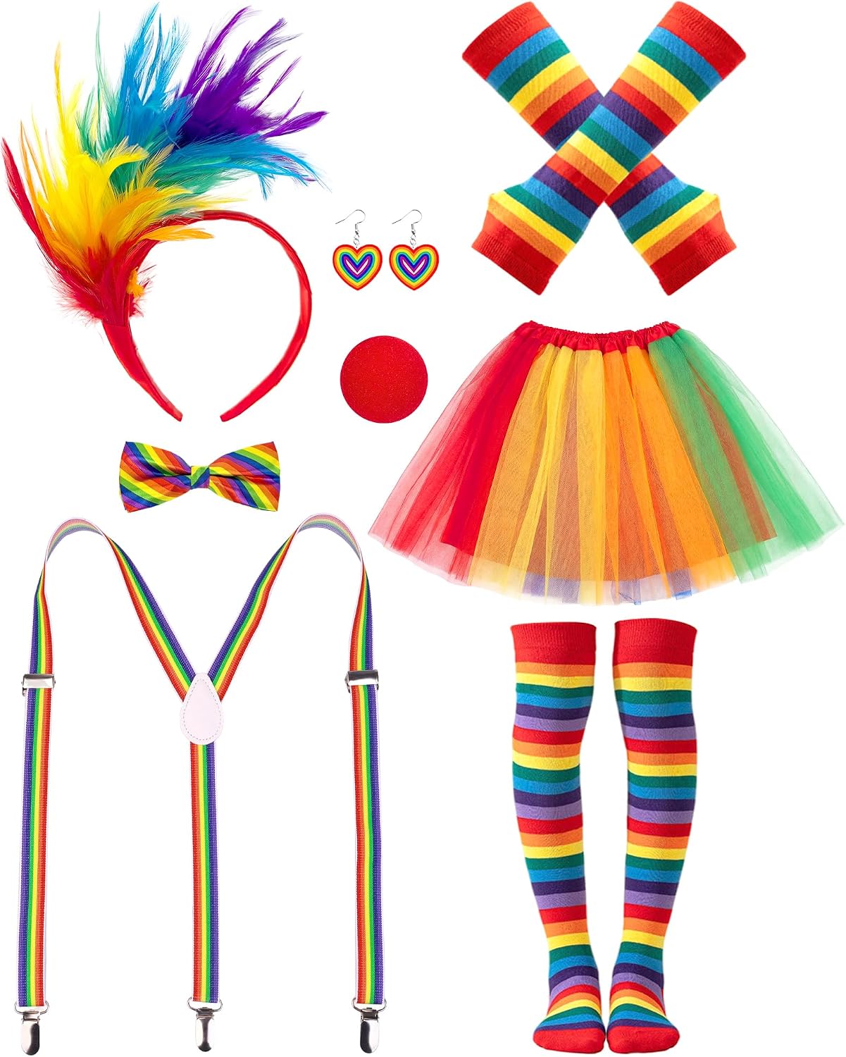 Rainbow Clown Costume Set for Women，Circus Outfit with Tutu Skirt, Socks, Gloves Accessories for Halloween Carnival Cosplay