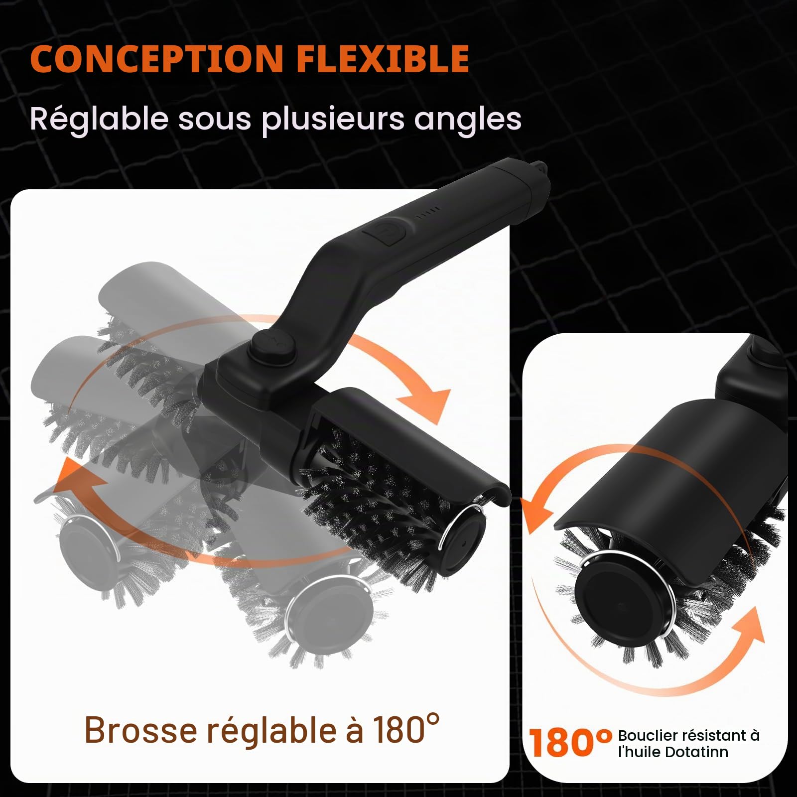 Brosse Électrique De Nettoyage pour Barbecue,sans Poils,3 Vitesses,Etanche IPX7,en Acier Inoxydable 304,Indicateur De Batterie À 5 Niveaux,Compatible avec Tous Les Barbecues