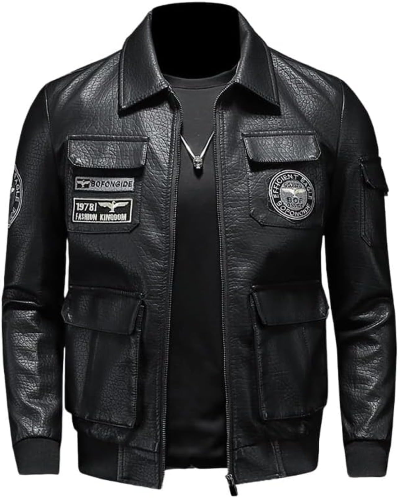 Chaqueta De Cuero Sintético para Motocicleta con Cremallera Y Estampado De Patrón Multibolsillo Ligero De Primavera Y Otoño para Hombre Chaqueta Informal Suelta De Solapa Clásica