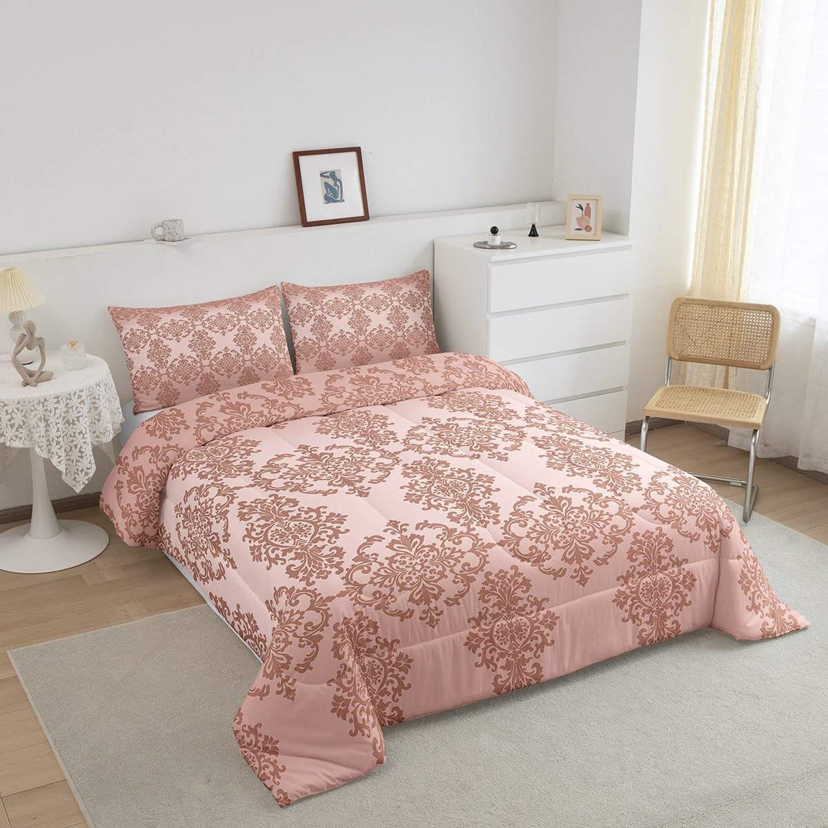 Feelyou Damask Floral Bedding Sets Victorian Comforter Set,Pink Damask Comforter Set Twin,Vintage Baroque Goth Bed Set Black Floral Comforter Set Bohemian Decor