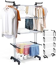 Airer Clothes Drying Rack, 5-Tier Foldable Extra Large Capacity Stainless Steel Laundry Airer with Rolling Wheels & Foldable Wings, Space-Saving for Indoor and Outdoor Use, Ideal for Home & Balcony