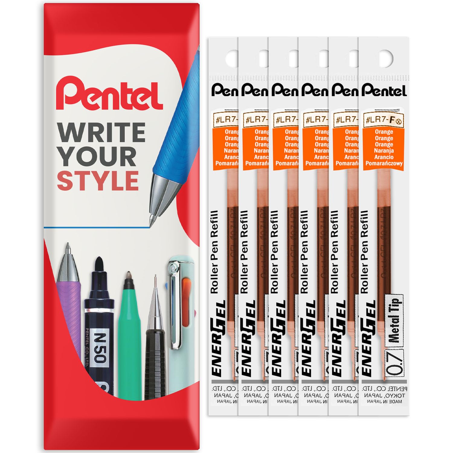 Pentel Energel 0.7mm Refill Metal Tip LR7 - BL77/BL57/BL37 Pen Refill - in Envelope Gift Packaging - Pack of 6 (Orange)