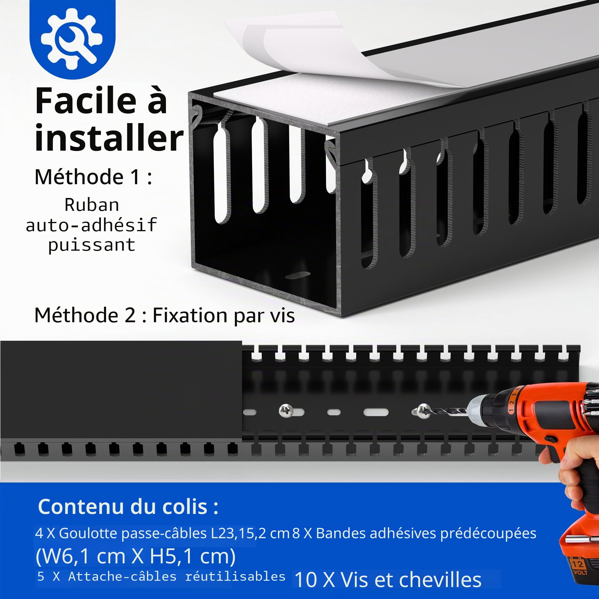 ZhiYo Chemin de câbles professionnel pour armoire serveur de 240 cm de long (4 x 60 cm), chemin de câbles de 5 x 6 cm (H x l) - PVC électriquement sûr, fentes ouvertes pour dissimuler des câbles sous