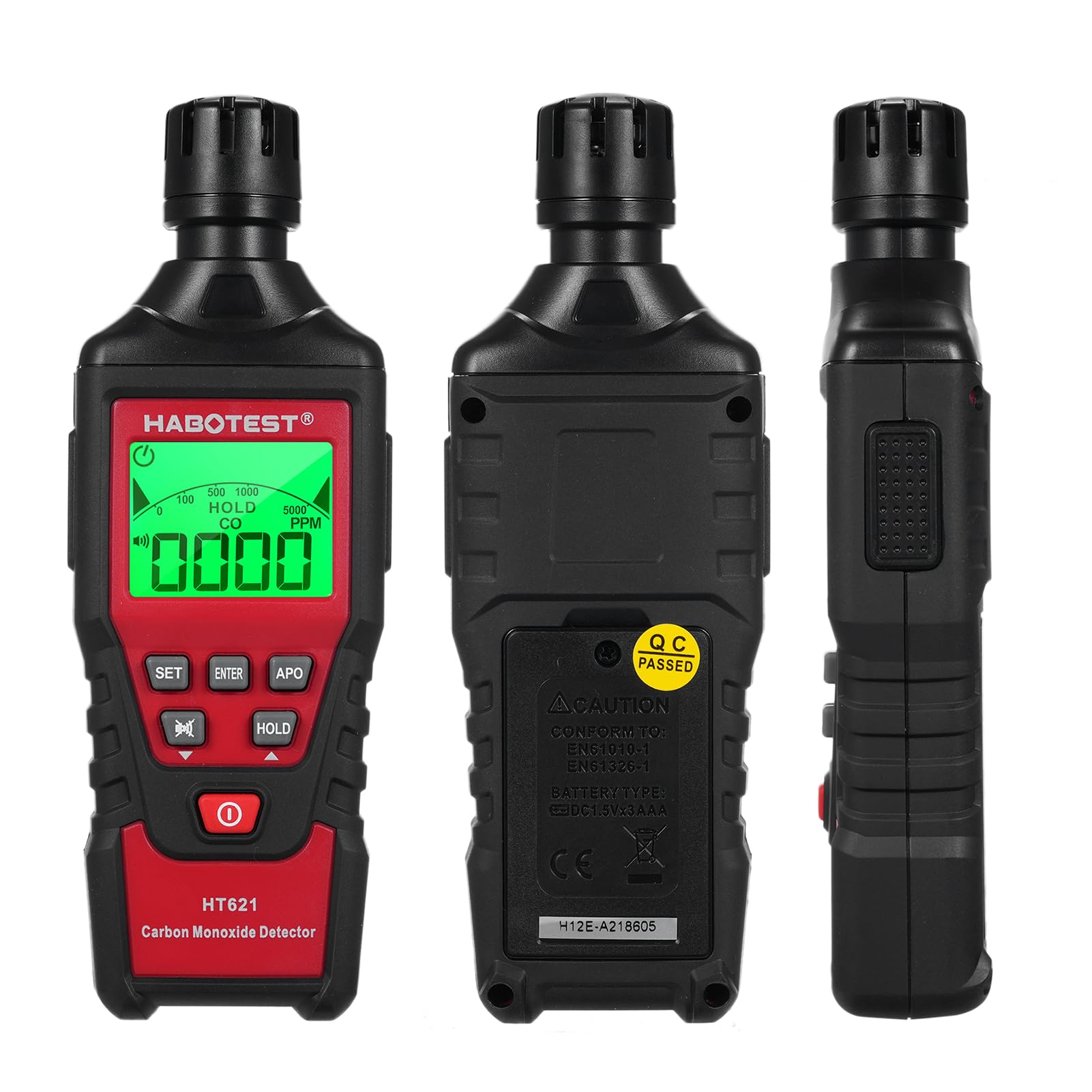 HABOTEST HT621 Detector portátil de monóxido de Carbono - Detector de CO portátil con Sensor electroquímico Rango de 0 a 5000 PPM - Pantalla LCD retroiluminada Alarmas sonoras y