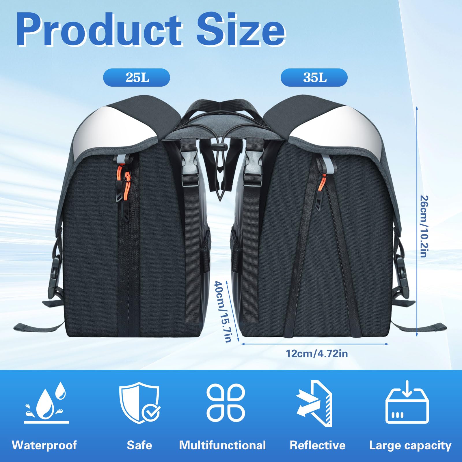 Sacoches Velo, 35L Sacoche Velo Porte Bagage Arriere avec Réflecteurs/Housse de Pluie Imperméable, Sacoche Velo Arriere pour Vélo Électrique/VTT, Sacoche Porte Bagage Velo