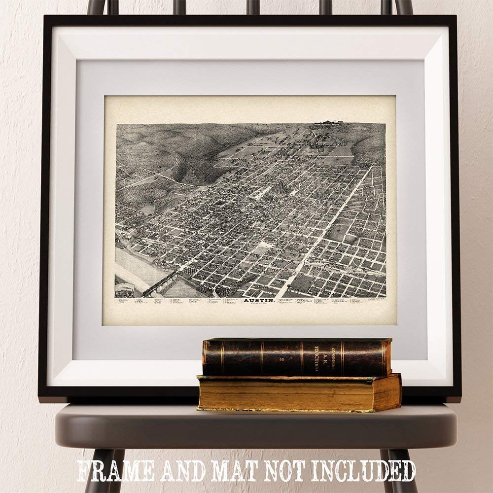 1887 Austin Texas Panoramic Map - Perfect for Home Office and School Print, Old City Street Views, Historical Artwork Gift Idea for Texans and Map Collectors, 11x14 Unframed Art Print Poster