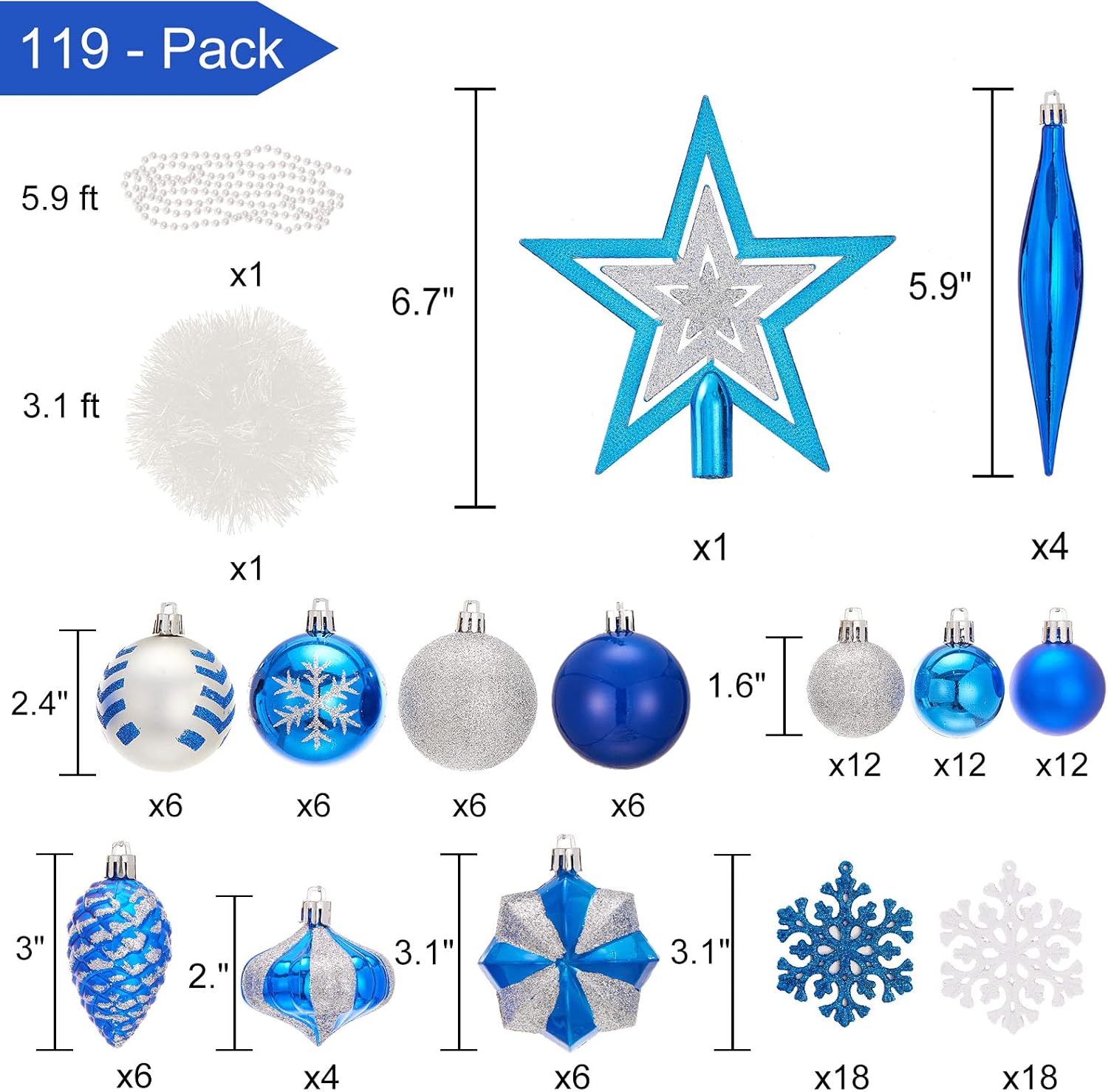119 Pcs Christmas Ball Ornaments Set, Assorted Shatterproof Tree Ornaments with Reusable Hand-held Gift Package, Christmas Tree Decorations for Xmas Holiday Party - Royal Blue Silver White