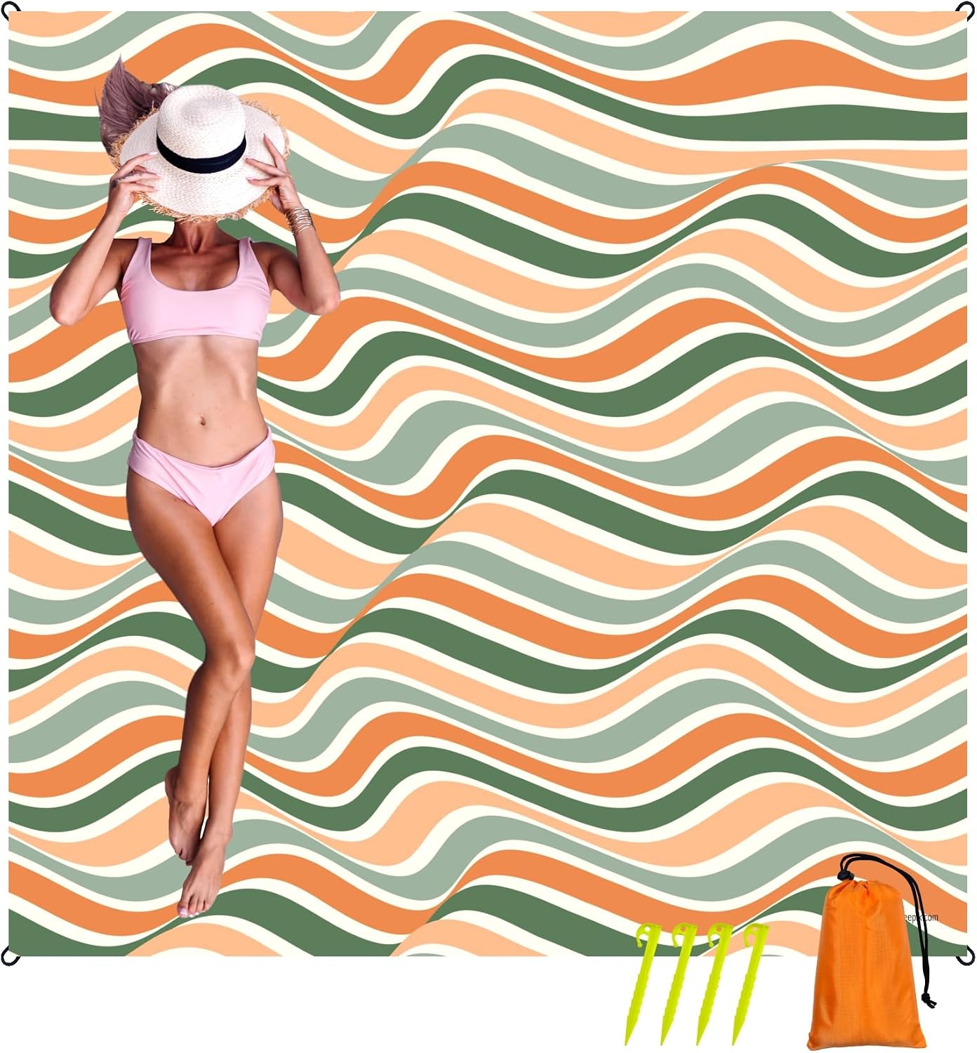 Oversized Sandproof Beach Blanket (83"x81"), Extra Large Beach Sheet for Up to 6 People. Sandfree Beach Mat, Big Sand Blankets with Sand Bags and Stakes. (Colored Wave)