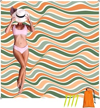 Oversized Sandproof Beach Blanket 83"x81", Extra Large Beach Sheet for Up to 6 People. Sandfree Beach Mat, Big Sand Blankets with Sand Bags and Stakes. Colored Wave