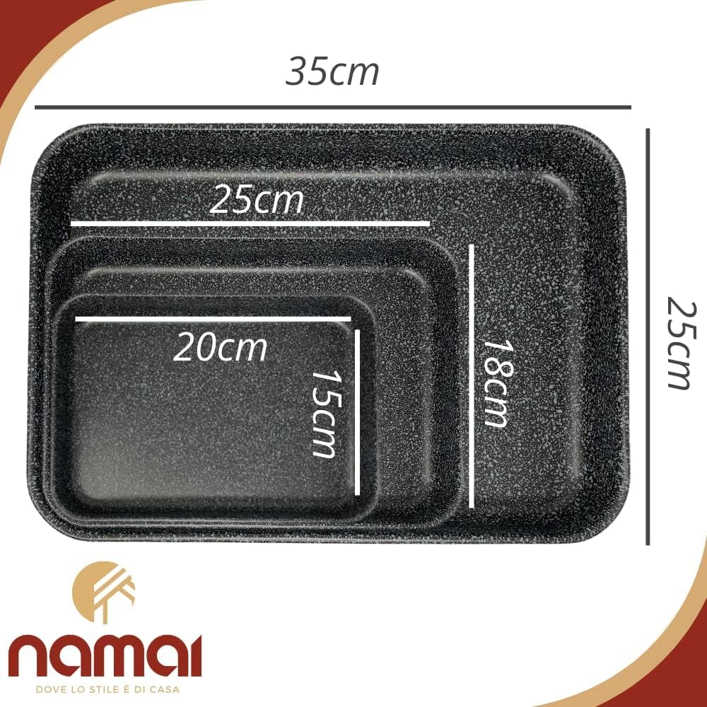 NAMAI - Juego de 3 Bandejas Horno Rectangular, Antiadherente, Apto Para Lavavajillas, Aluminio No Tóxico, Made In Italy, Bandejas De Horno (Set Tris 35 cm, 25 cm, 20 cm)