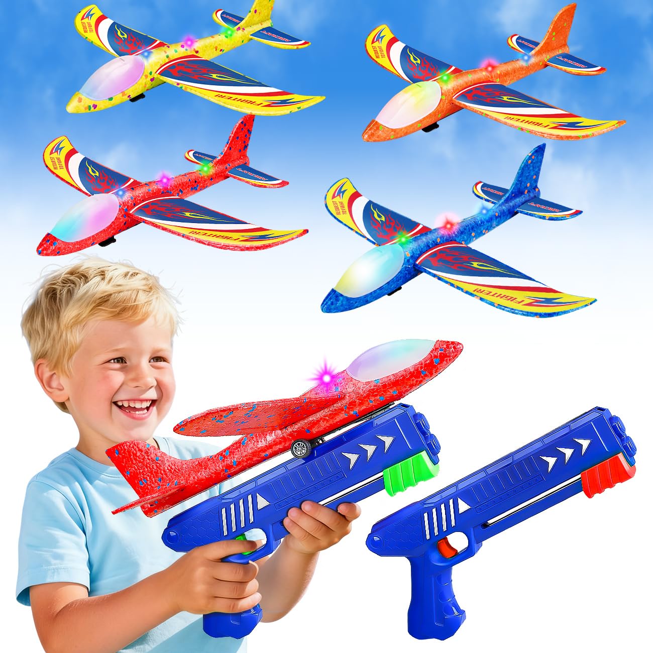 Winstico Cadeau jouet avion pour enfants 5 ans : lot de 2 jouets lanceurs d'avions avec 4 bouchons en mousse - jouets en plein air pour enfants - patins pour garçons filles à