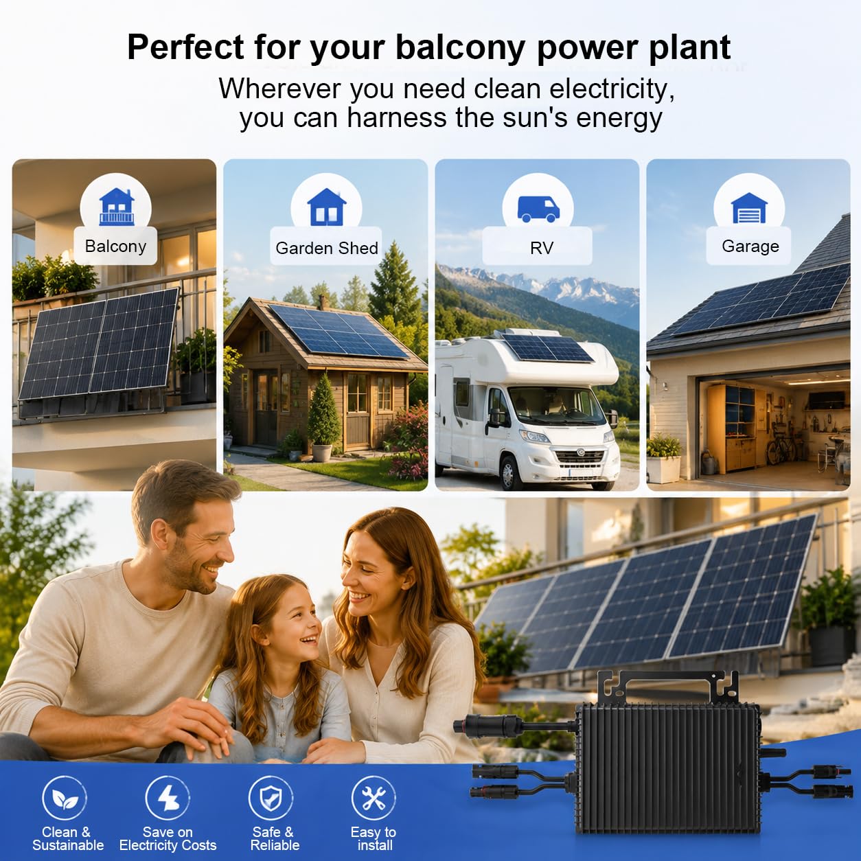Micro-onduleur 1200W avec WiFi, 2 MPPT, IP67, kit Solaire Balcon | Plug & Play, câble AC de 5 m, 96 % de rendement, contrôle en temps réel via application mobile