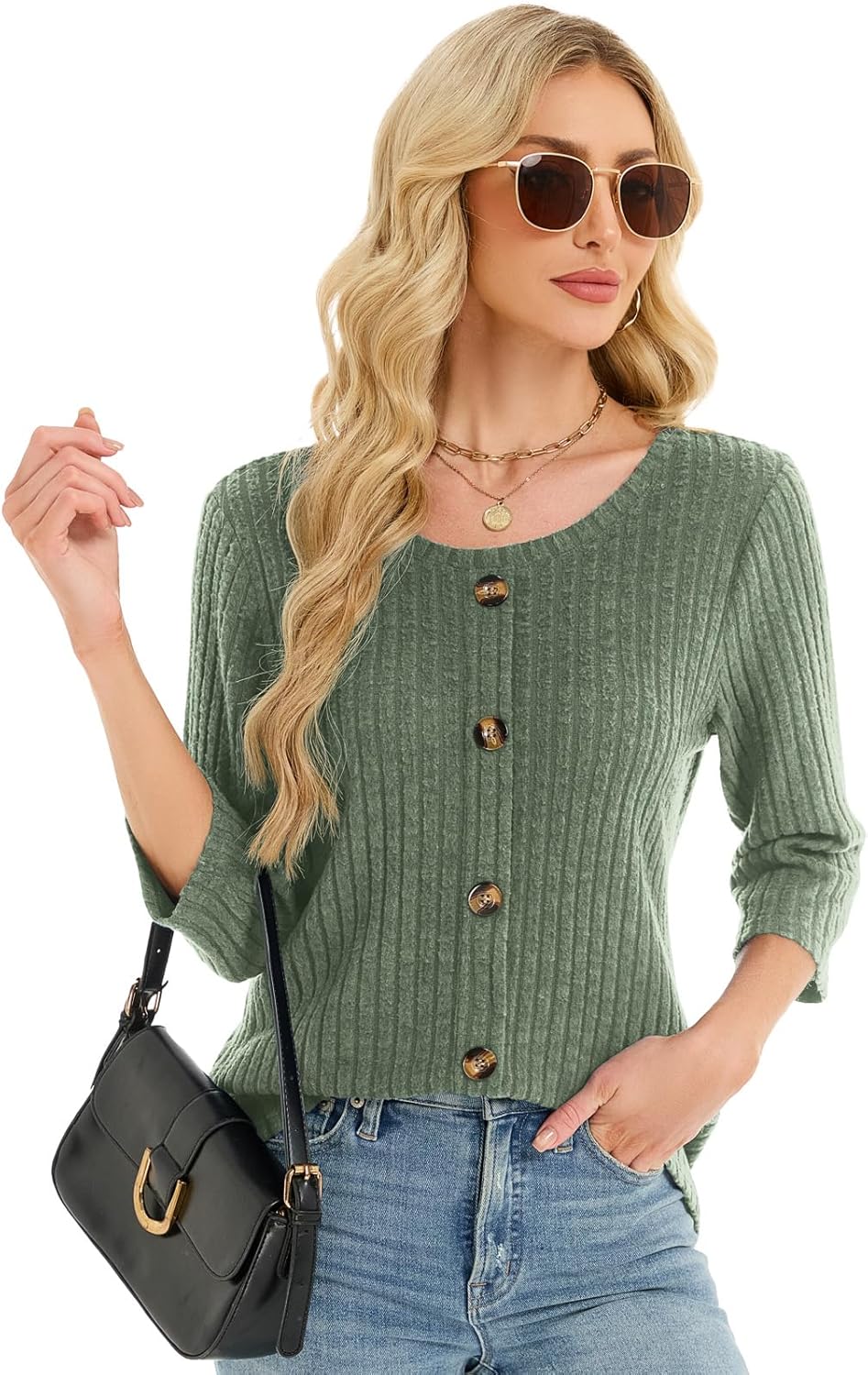 3/4 Length Sleeve Womens Tops Cozy Sweaters Casual Blouses Boho Tunic Tops Early Fall Spring Fashion Clothes 2025 - Image 3