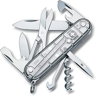 Climber Swiss Army Pocket Knife, Medium, Multi Tool, 14 Functions, Blade, Bottle Opener, Silver Transparent