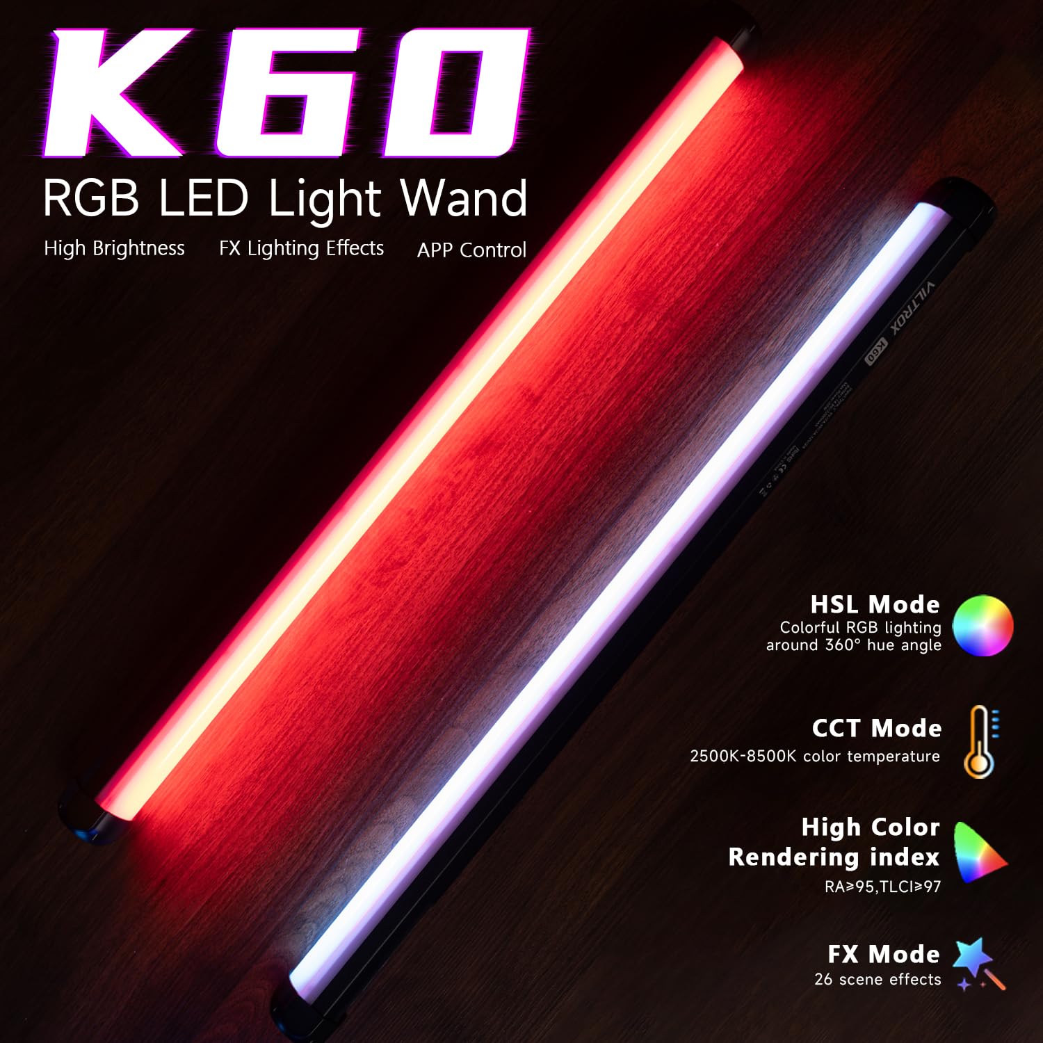 蛍光灯・電球 Viltrox K60 Led VILTROX Varinha de luz RGB K60, bastão de luz de vídeo LED