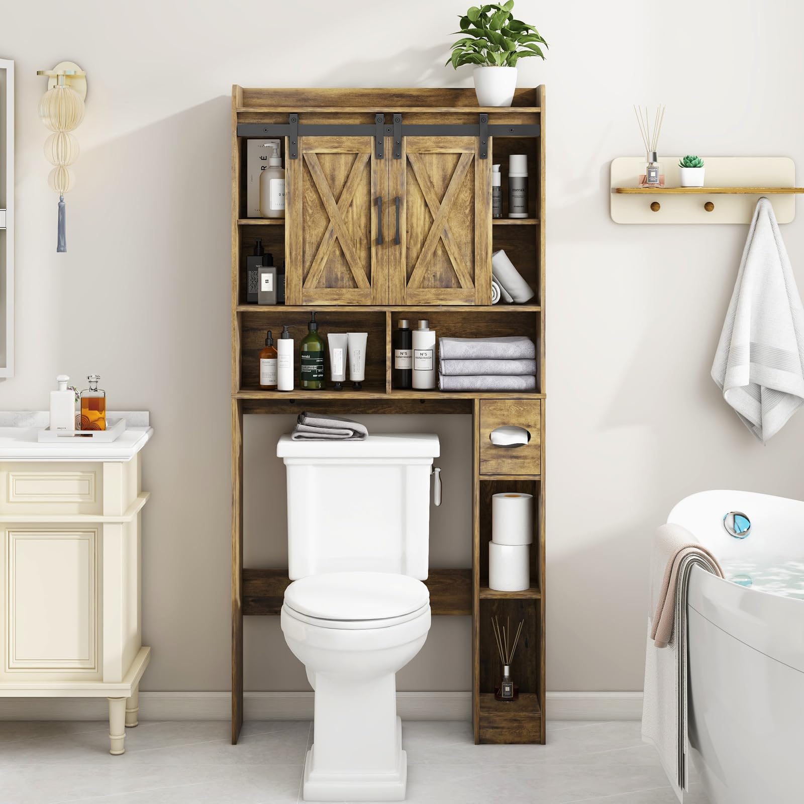Armadietto portaoggetti sopra il WC, con 2 porte e supporto per carta igienica, salvaspazio, per bagno, bagno, lavanderia
