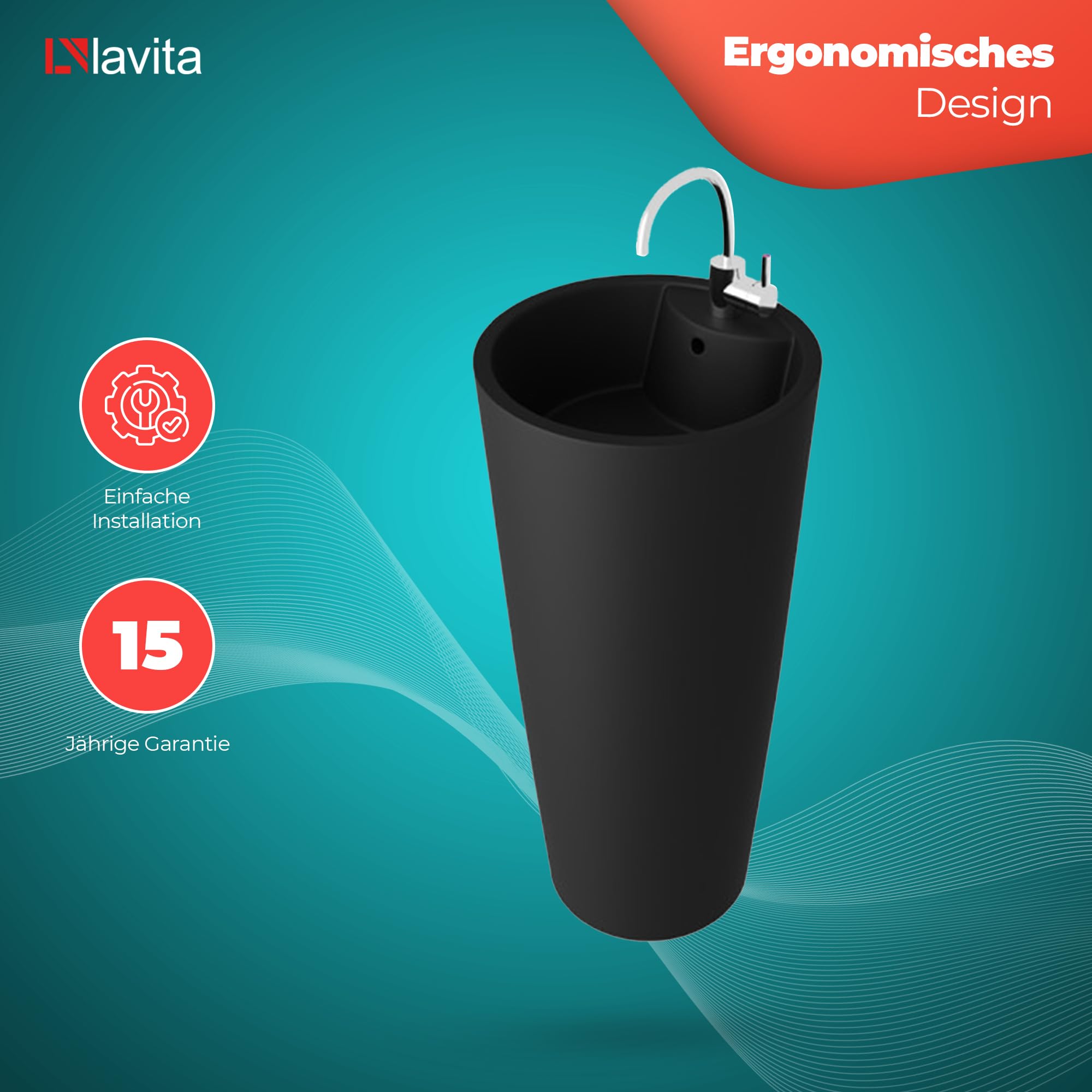 lavita Lavabo de pie Uvas Black | Lavabo redondo con rebosadero y orificio para grifo | de porcelana de alta calidad | lavabo de pie | 83,5 x 40 x 40 cm | negro mate